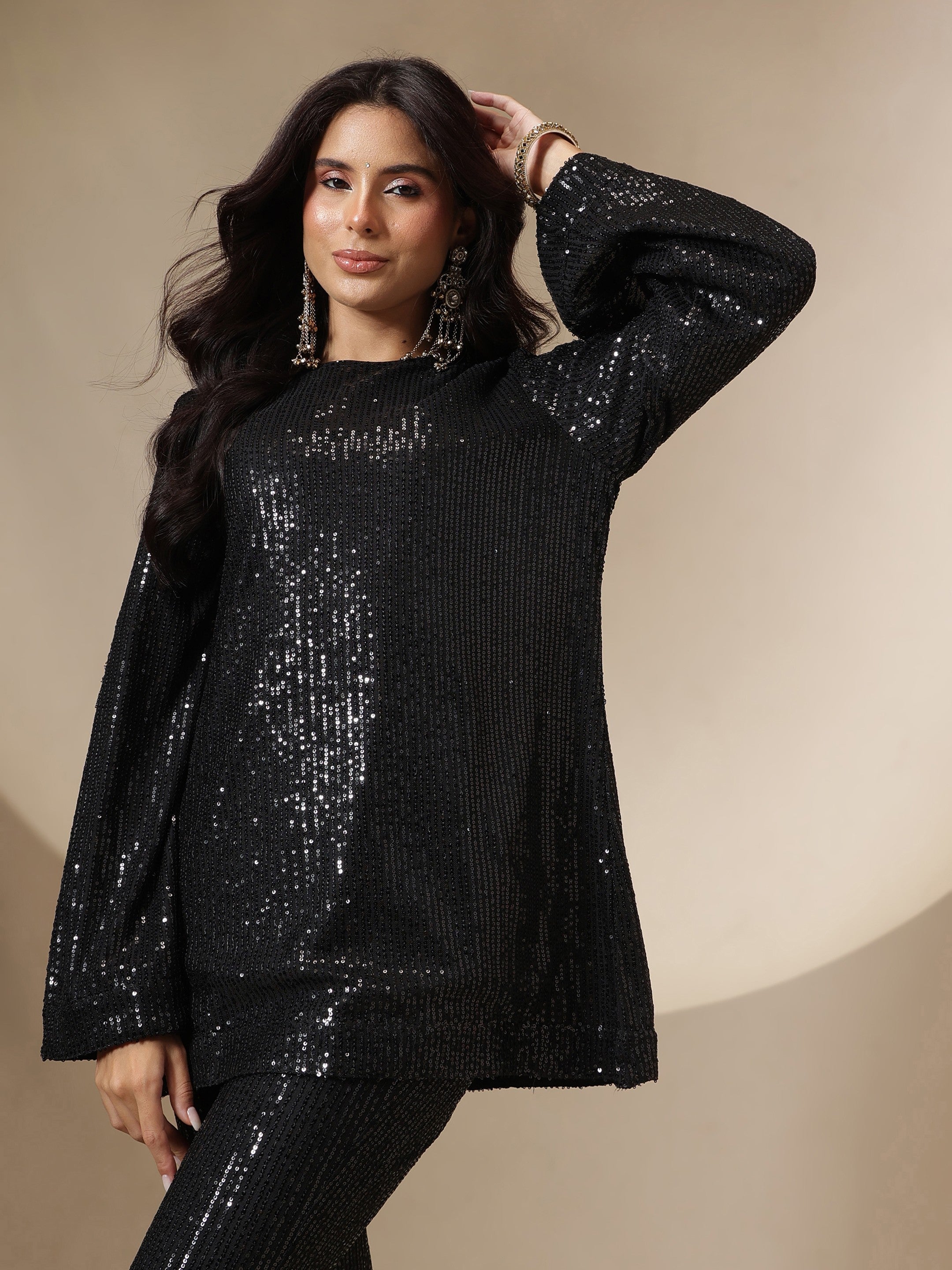 Women Black Sequin Full Sleeves Kurti With Bell Bottom Pants