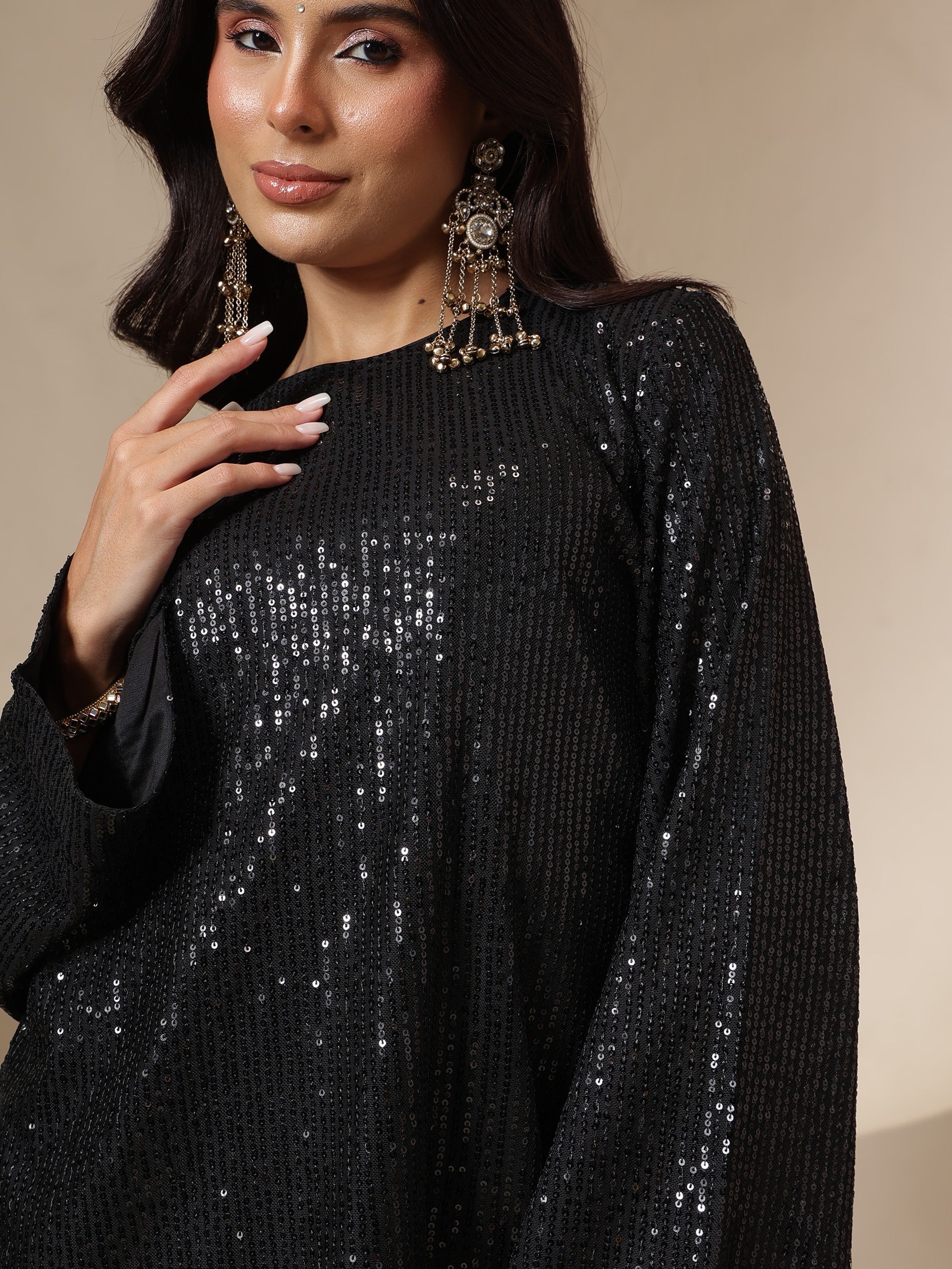 Women Black Sequin Full Sleeves Kurti With Bell Bottom Pants