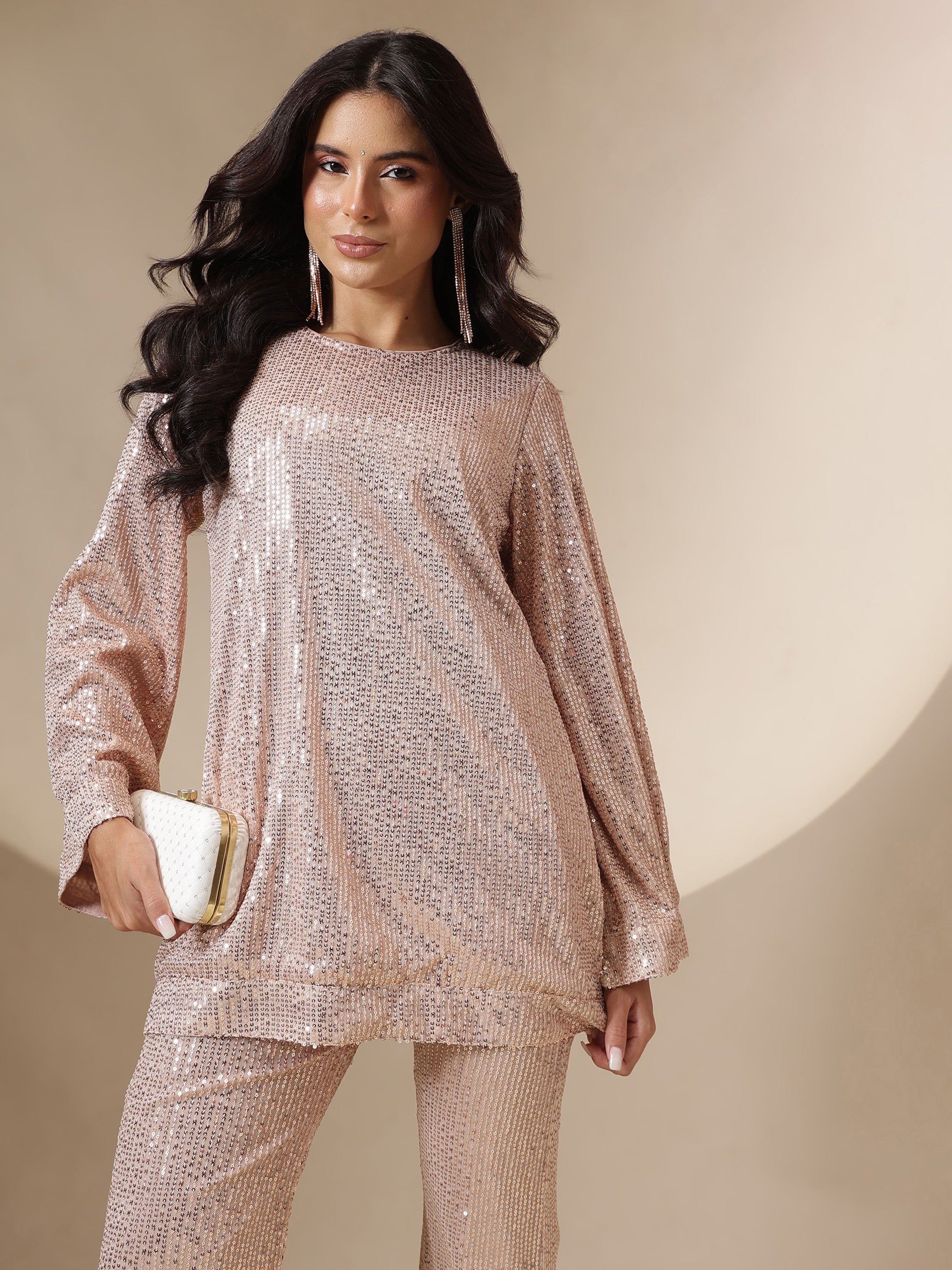 Women Pink Sequin Full Sleeves Kurti With Bell Bottom Pants