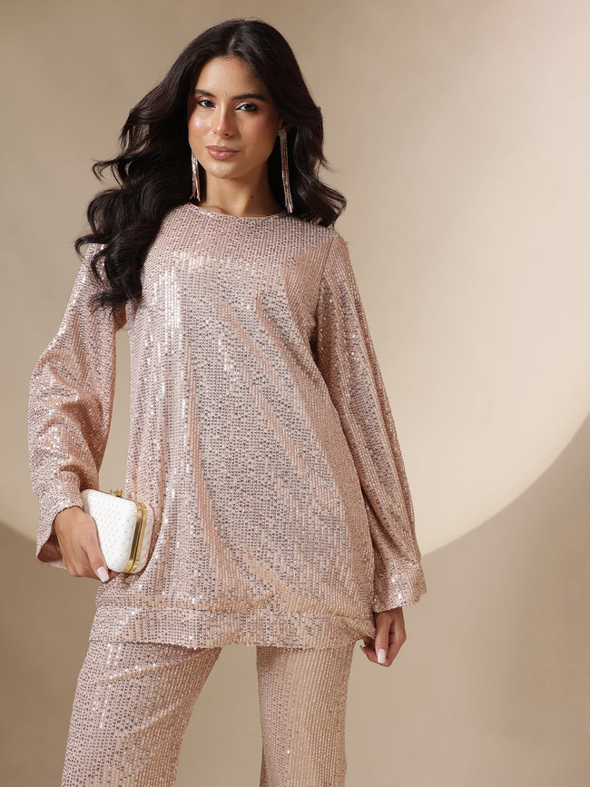 Women Pink Sequin Full Sleeves Kurti With Bell Bottom Pants