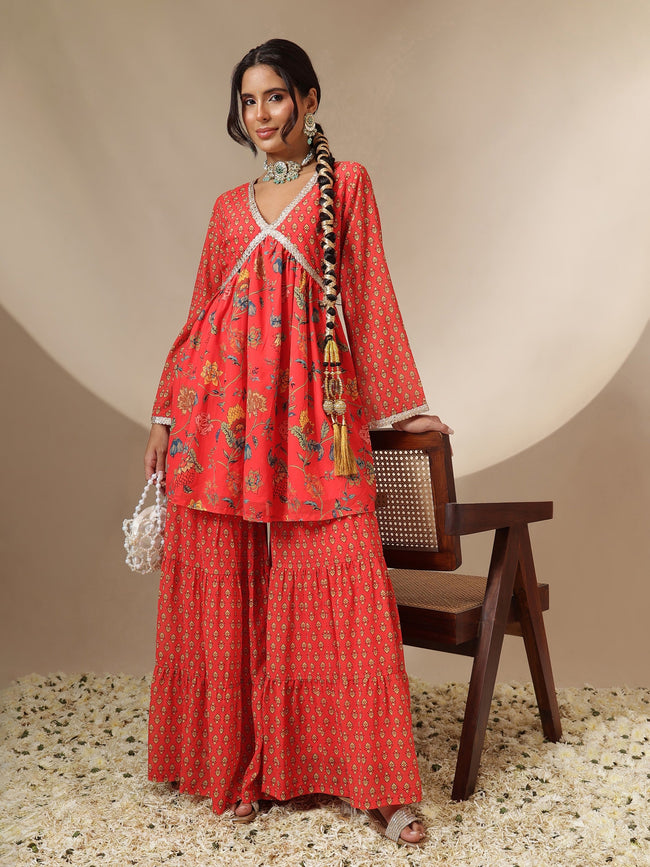 Women Red Floral Peplum Top With Sharara Pants