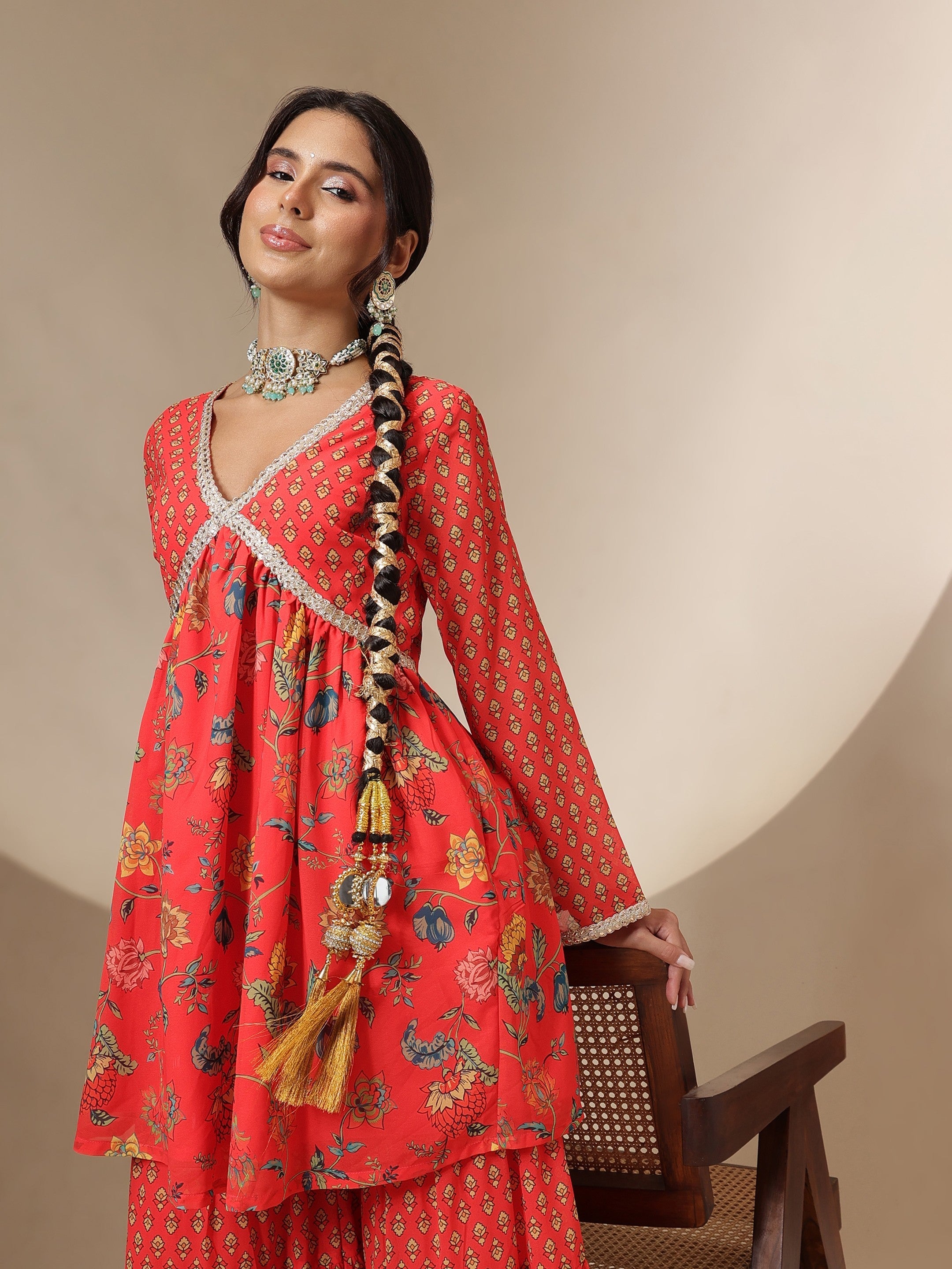 Women Red Floral Peplum Top With Sharara Pants