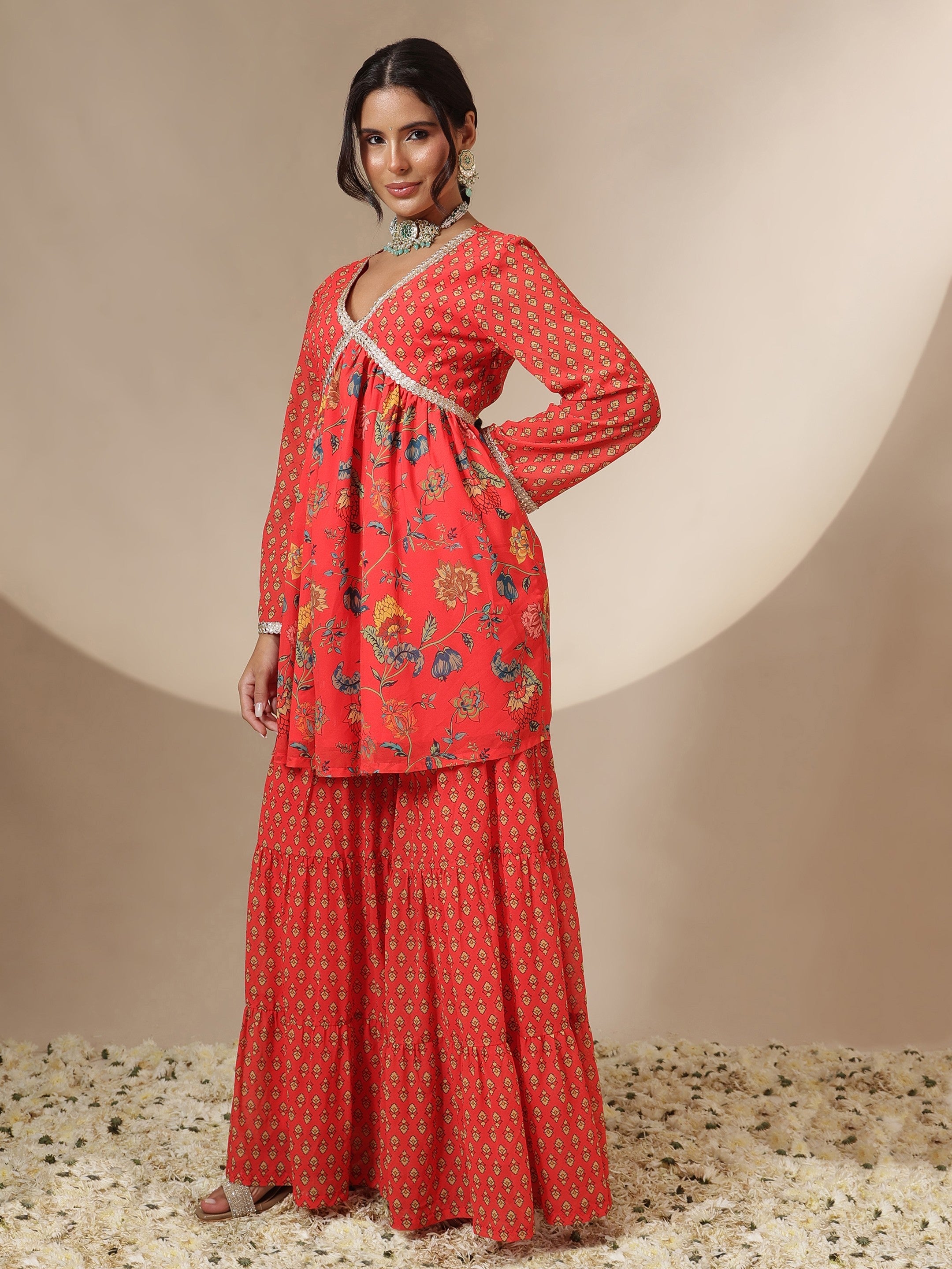 Women Red Floral Peplum Top With Sharara Pants