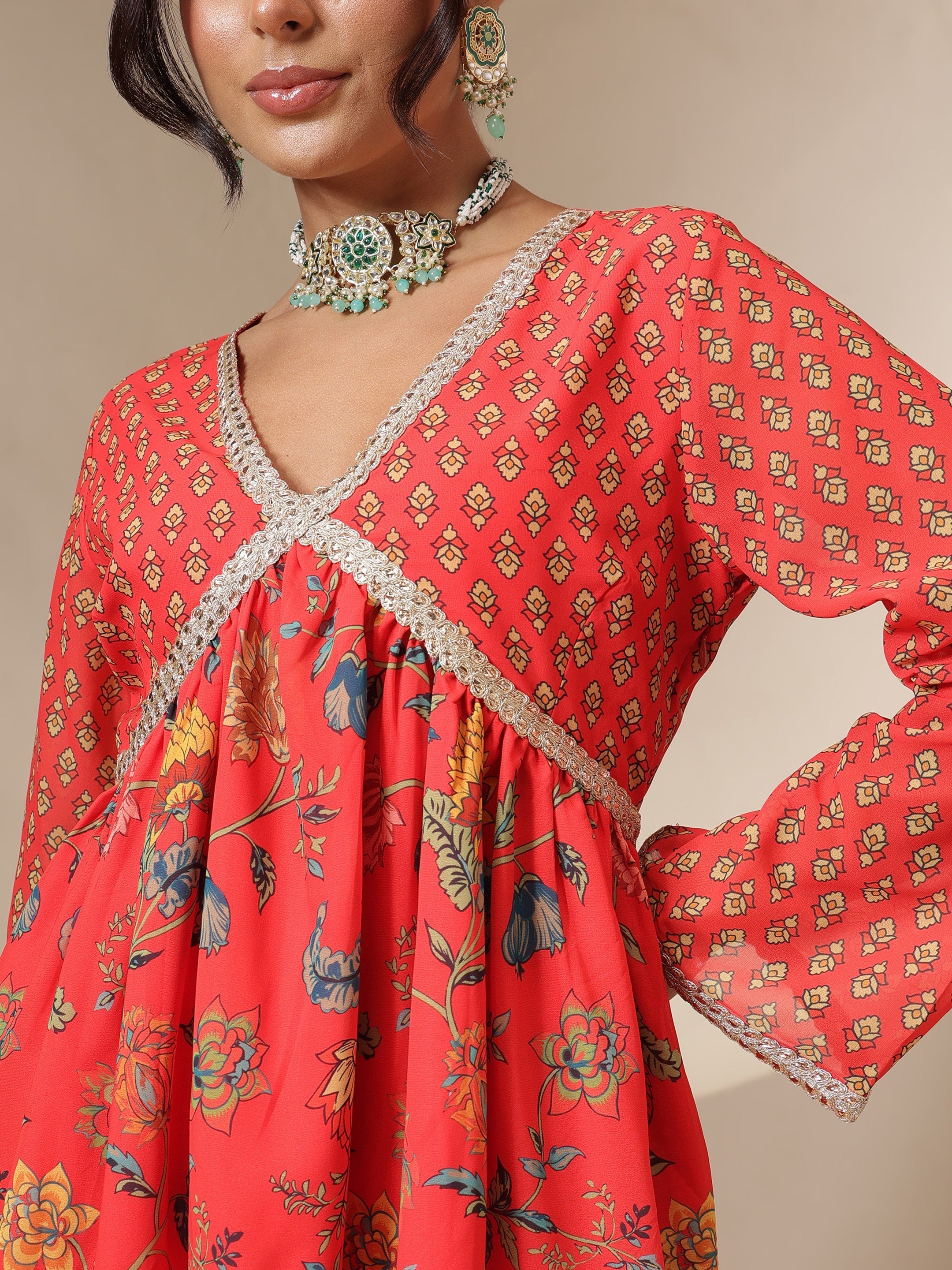 Women Red Floral Peplum Top With Sharara Pants