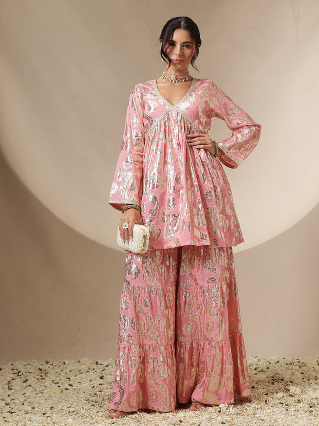 Women Pink Peplum Top With Sharara Pants