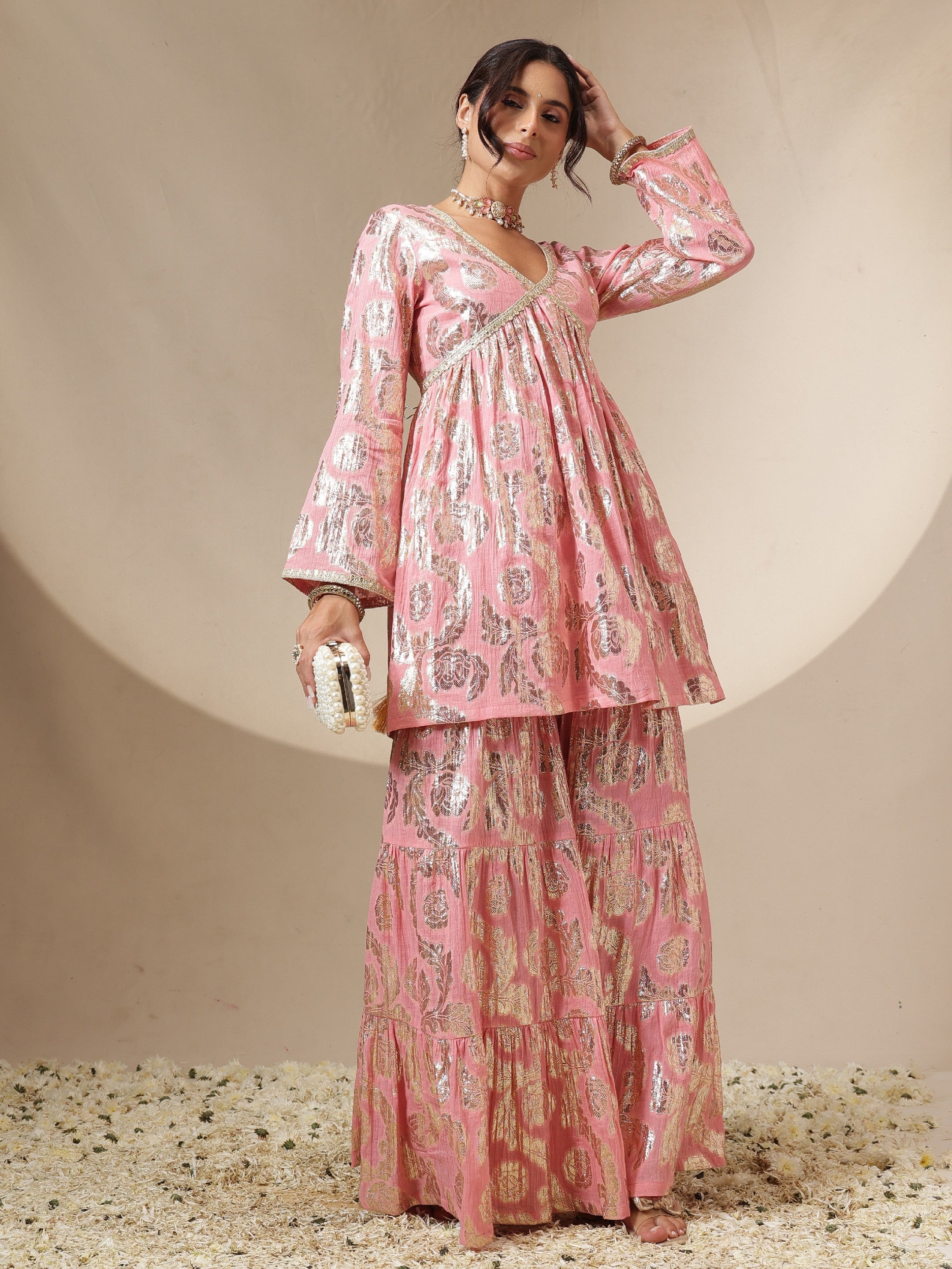 Women Pink Peplum Top With Sharara Pants