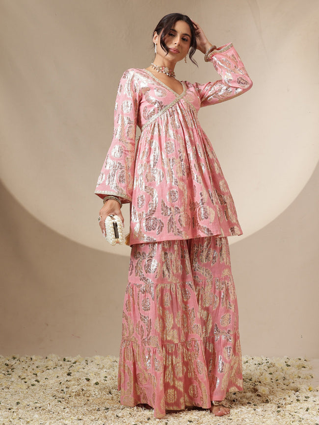 Women Pink Peplum Top With Sharara Pants