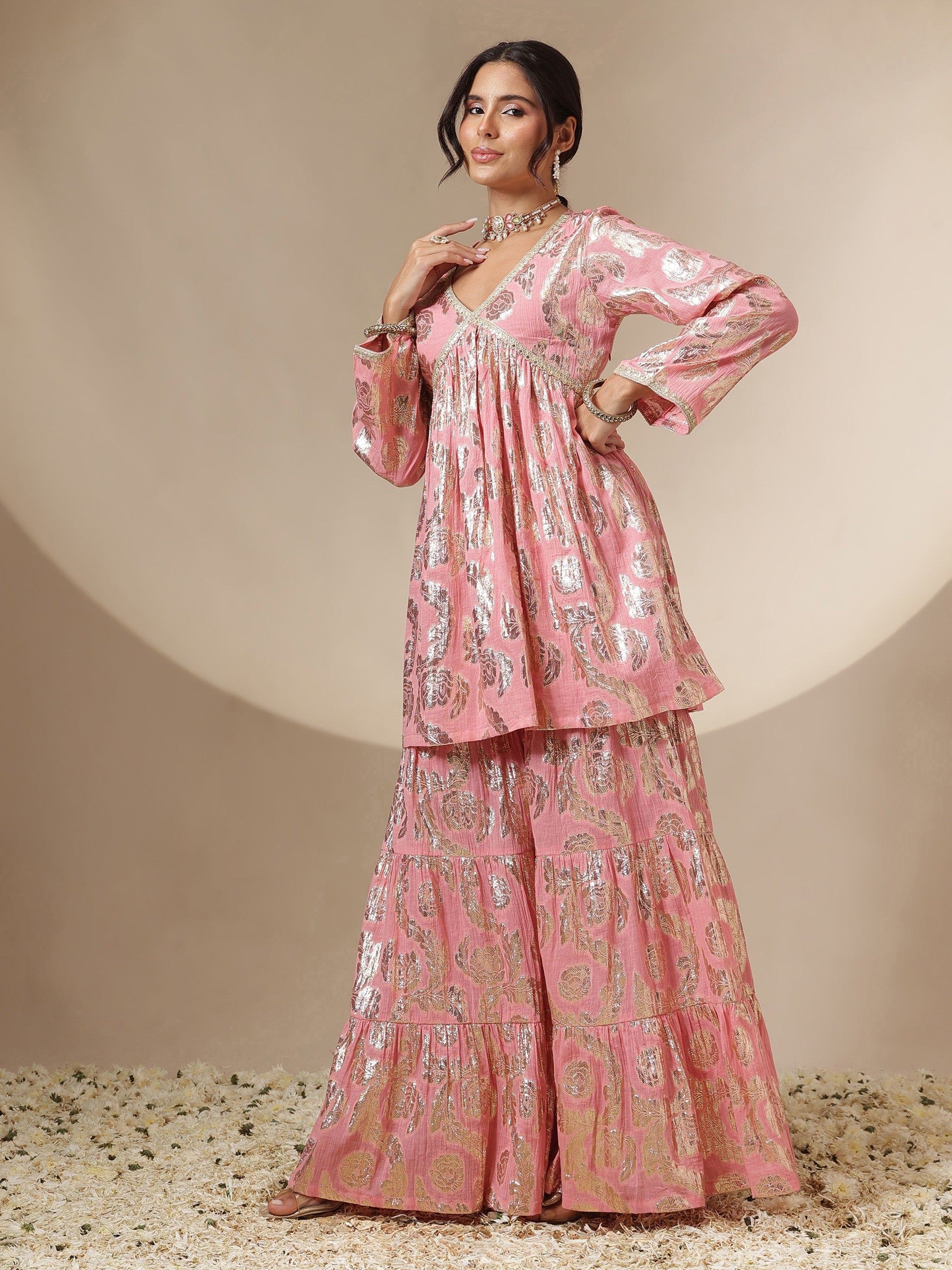 Women Pink Peplum Top With Sharara Pants