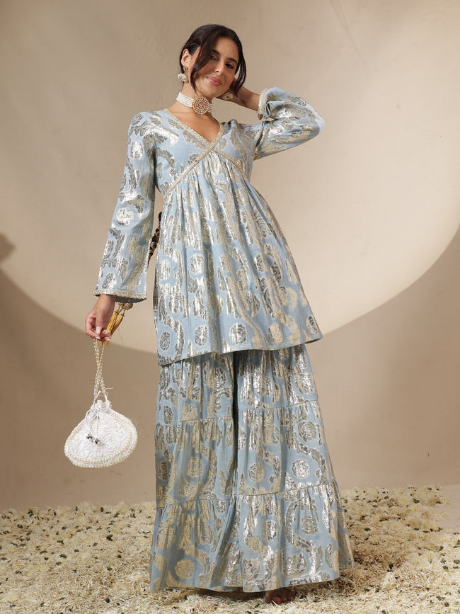Women Powder Blue Peplum Top With Sharara Pants
