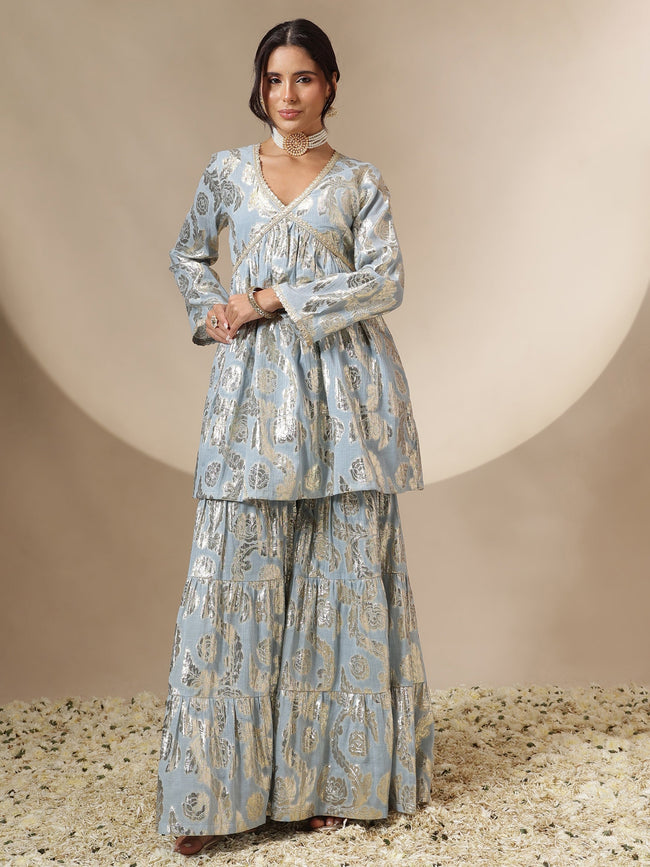 Women Powder Blue Peplum Top With Sharara Pants