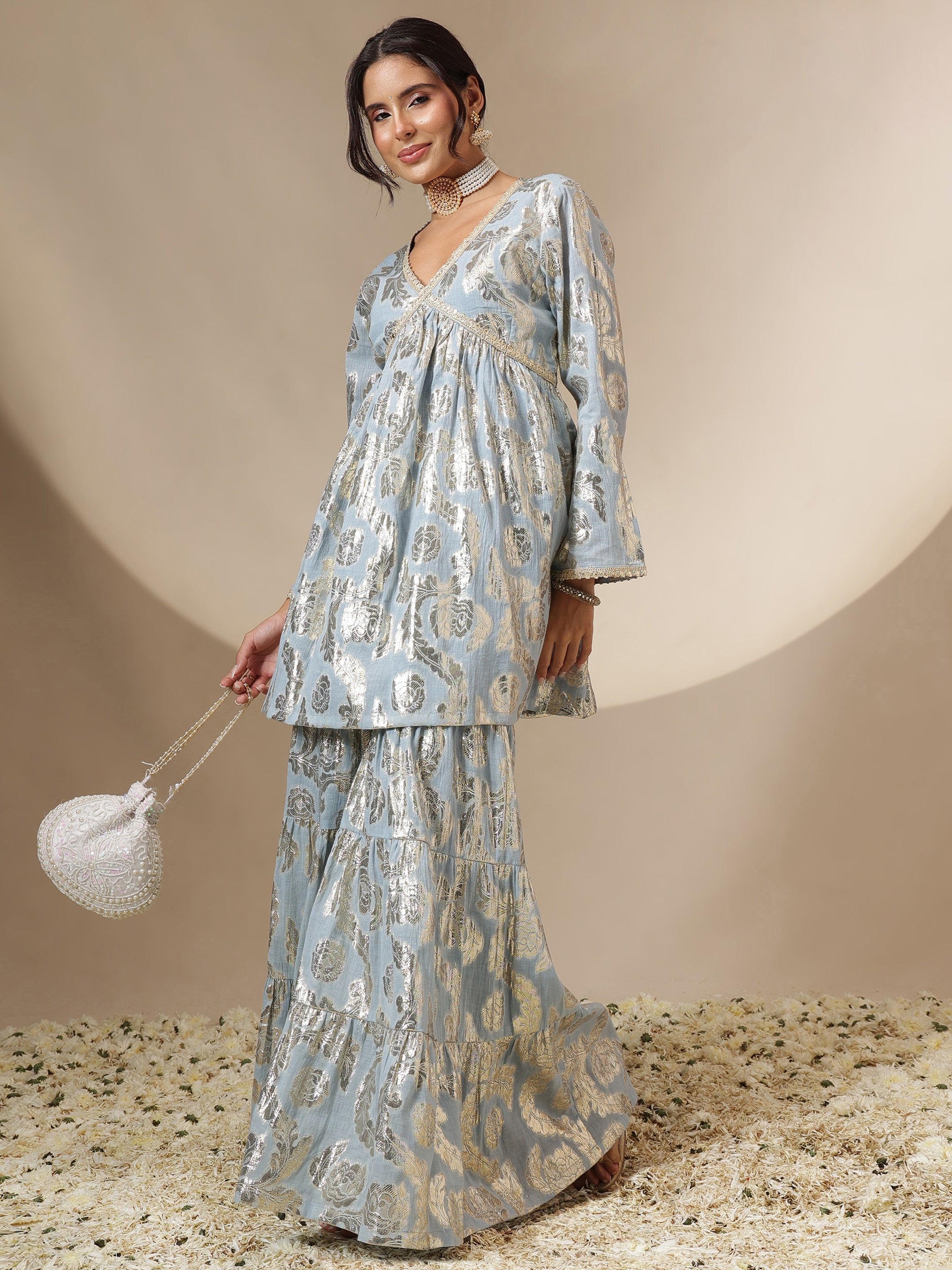 Women Powder Blue Peplum Top With Sharara Pants