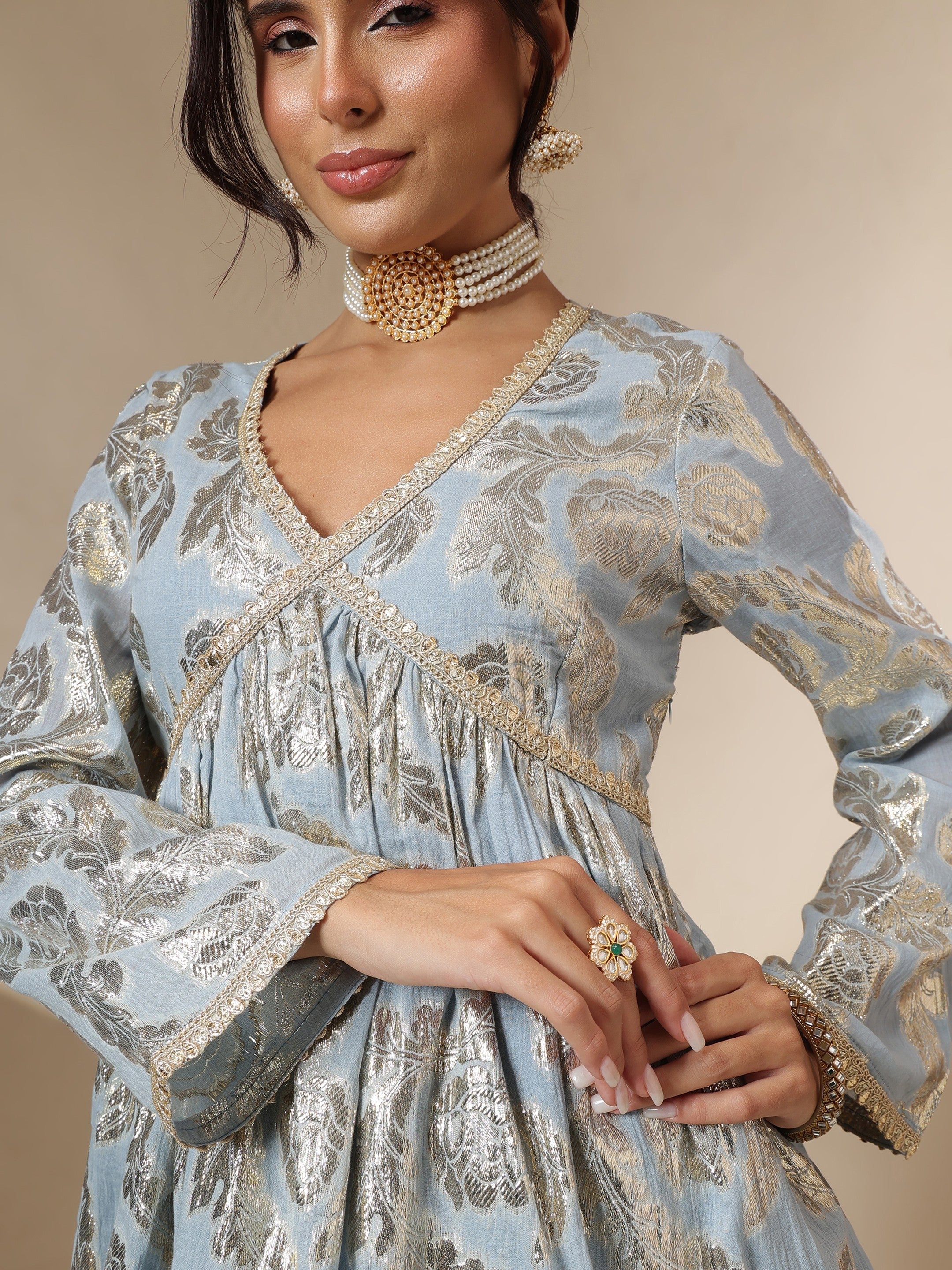 Women Powder Blue Peplum Top With Sharara Pants