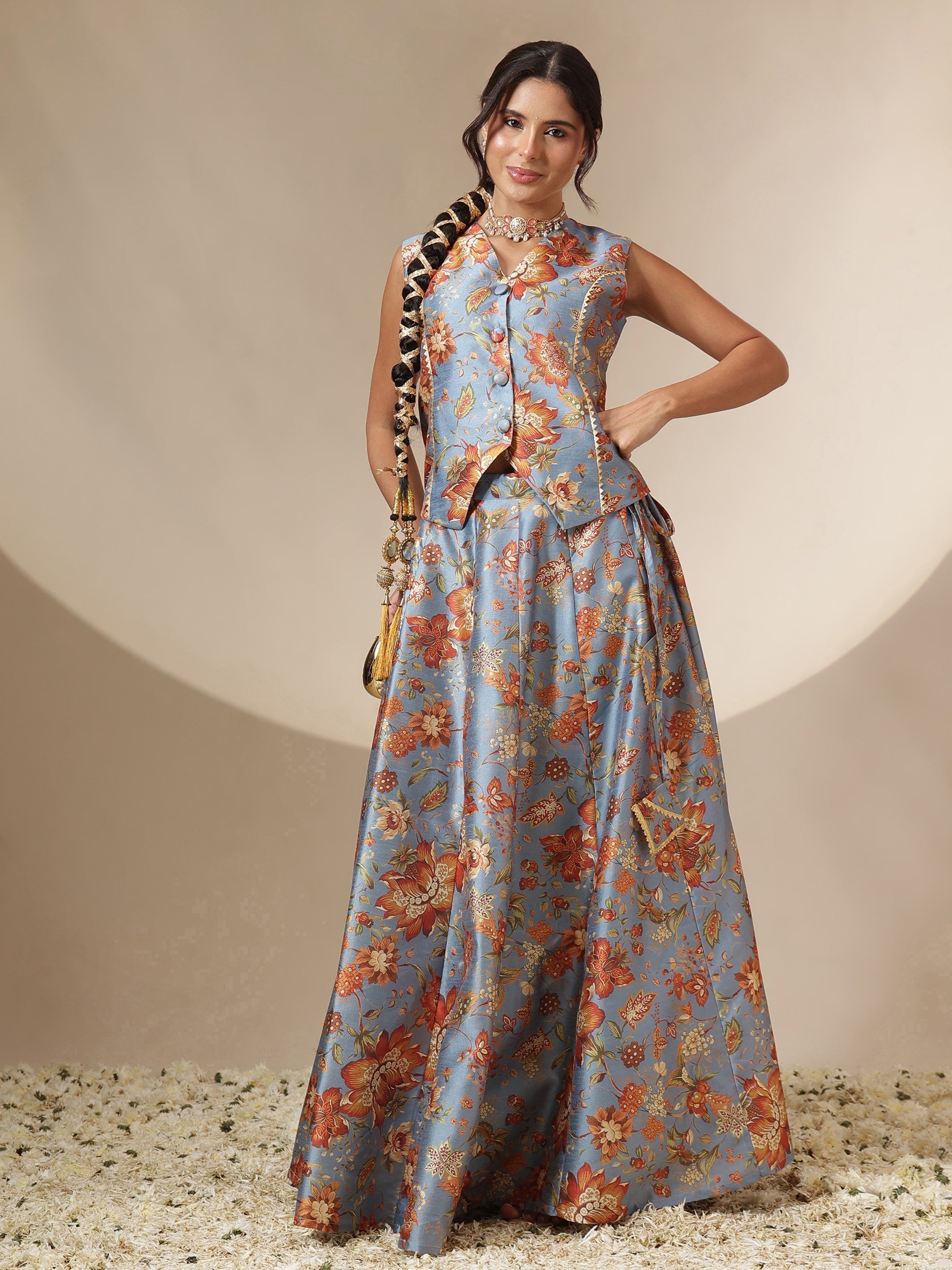 Women Grey Floral Anarkali Skirt With Vest
