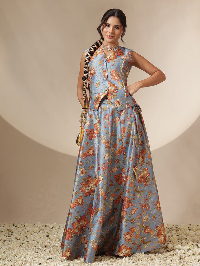 Women Grey Floral Anarkali Skirt With Vest