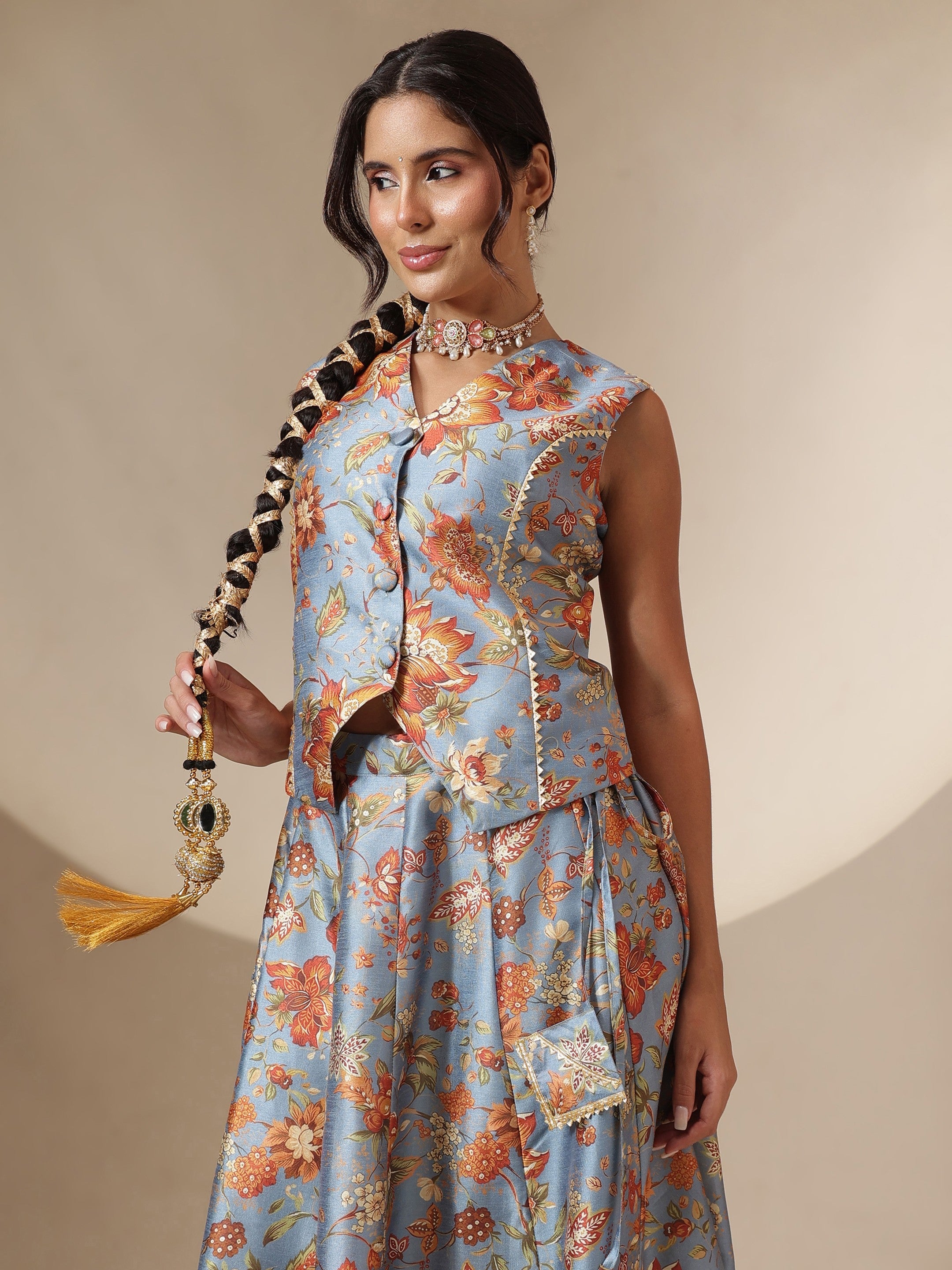 Women Grey Floral Anarkali Skirt With Vest