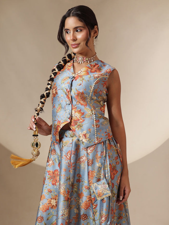 Women Grey Floral Anarkali Skirt With Vest