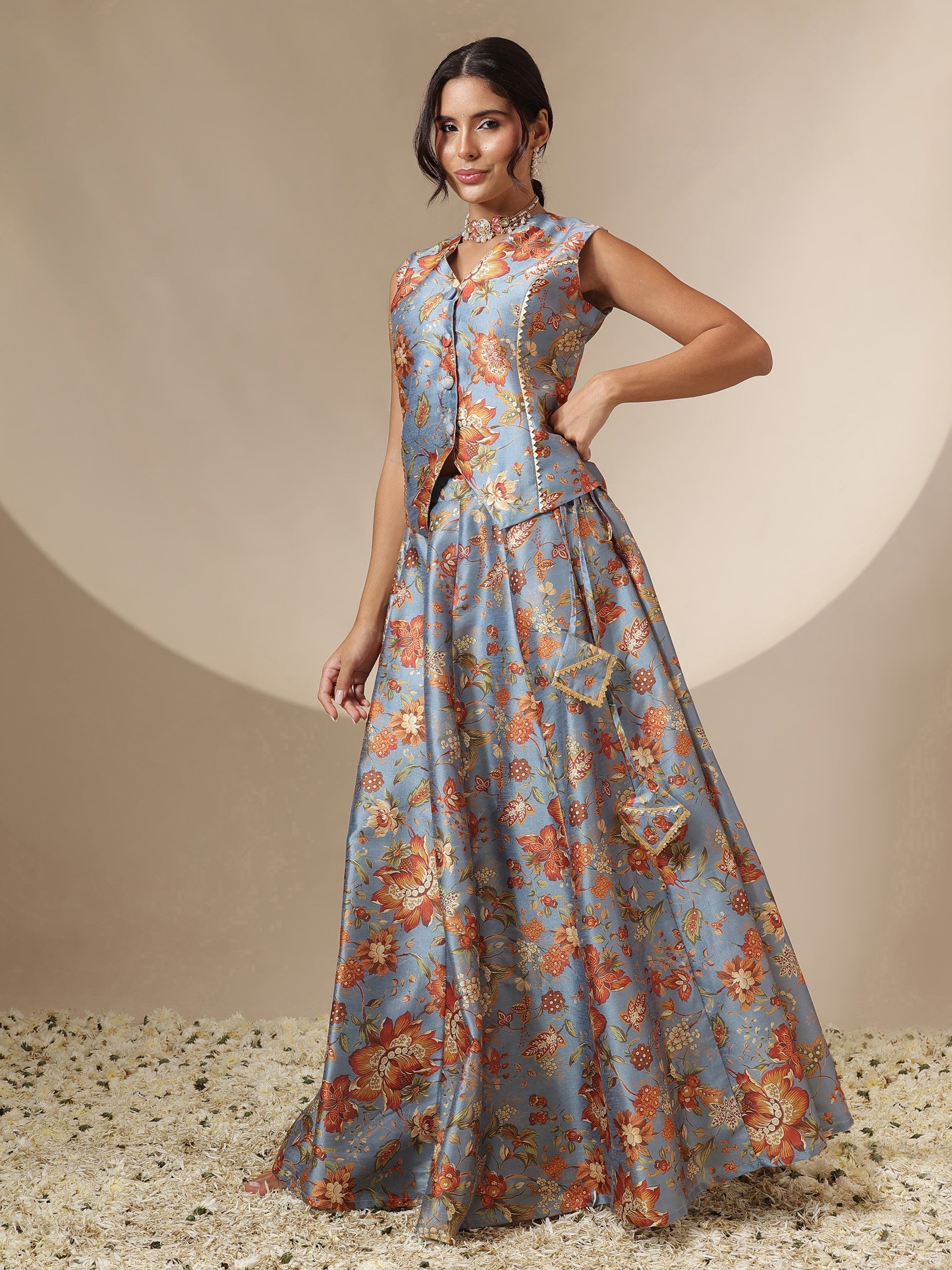 Women Grey Floral Anarkali Skirt With Vest