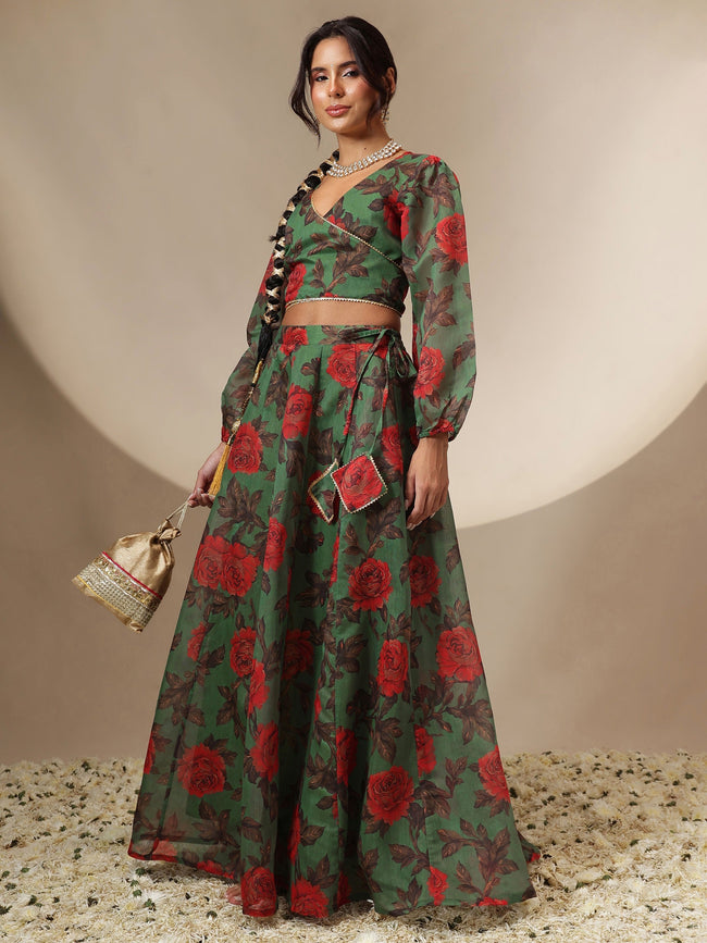 Women Green Floral Wrap Top With Anarkali Skirt