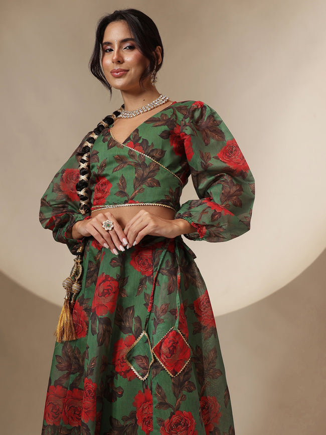 Women Green Floral Wrap Top With Anarkali Skirt