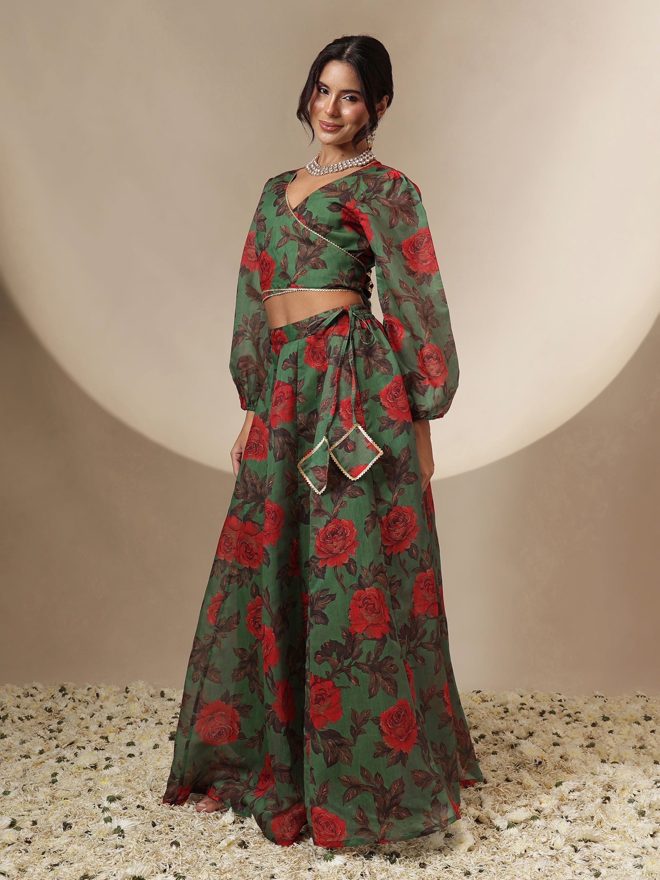 Women Green Floral Wrap Top With Anarkali Skirt