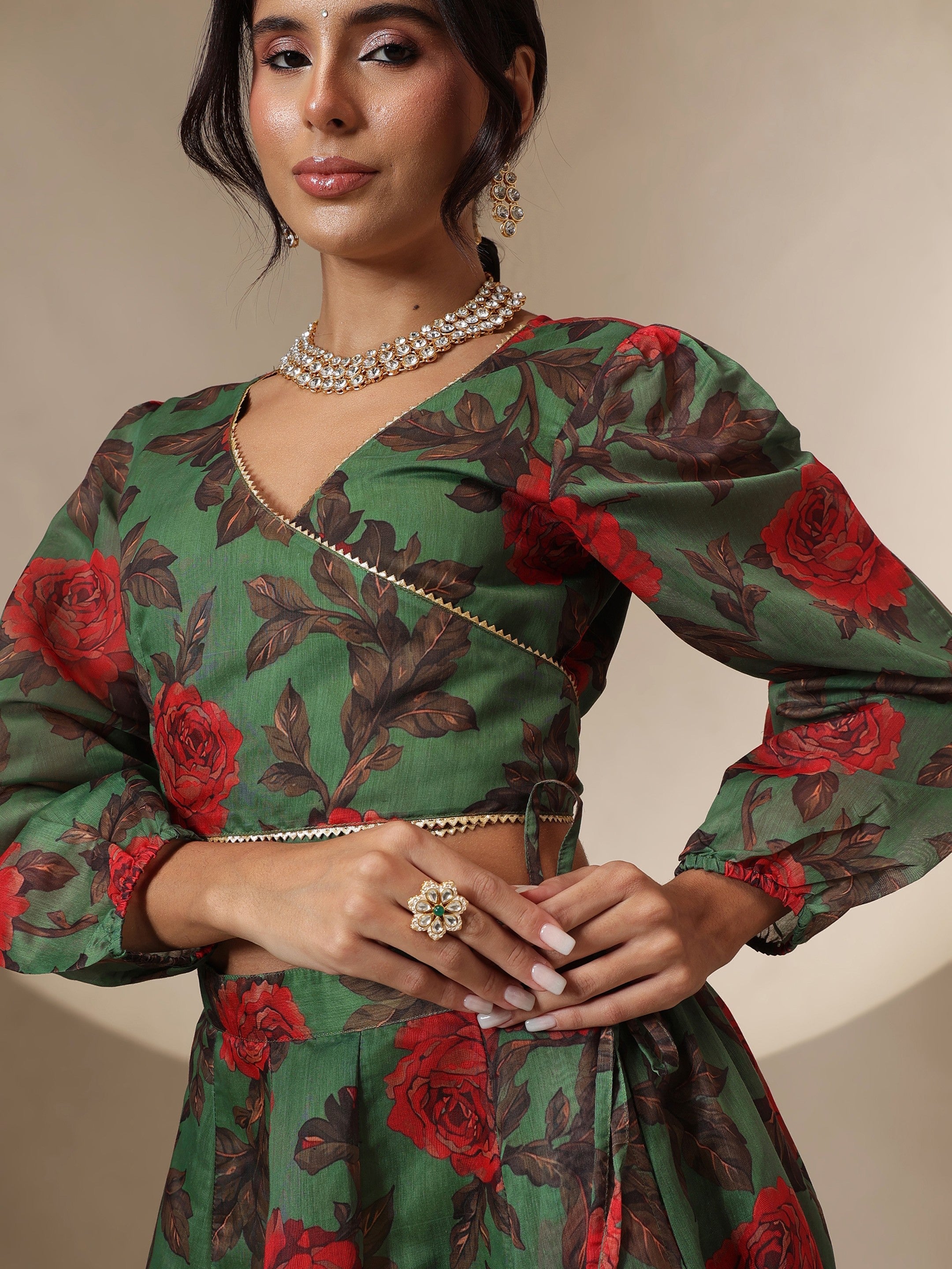 Women Green Floral Wrap Top With Anarkali Skirt