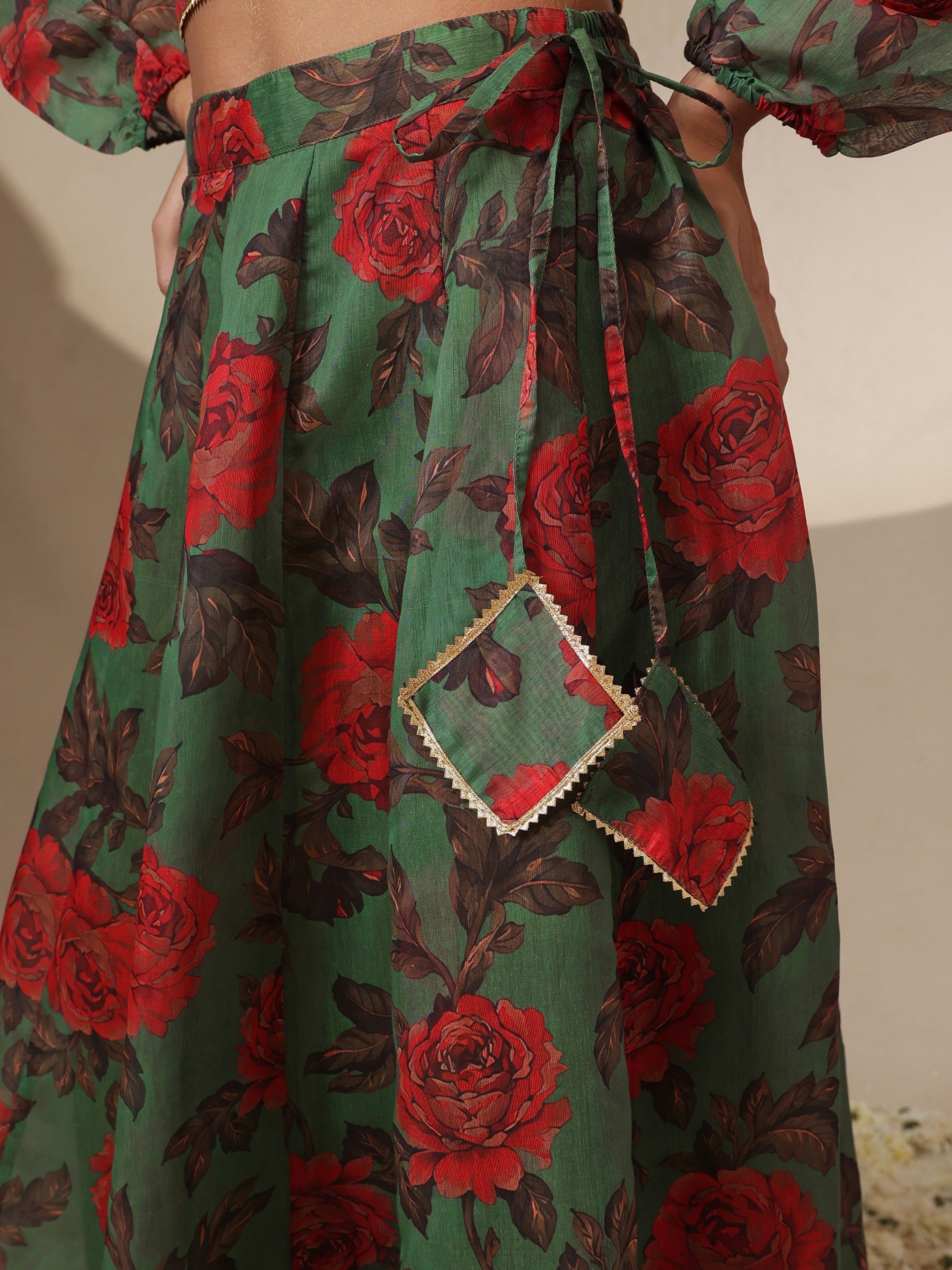 Women Green Floral Wrap Top With Anarkali Skirt