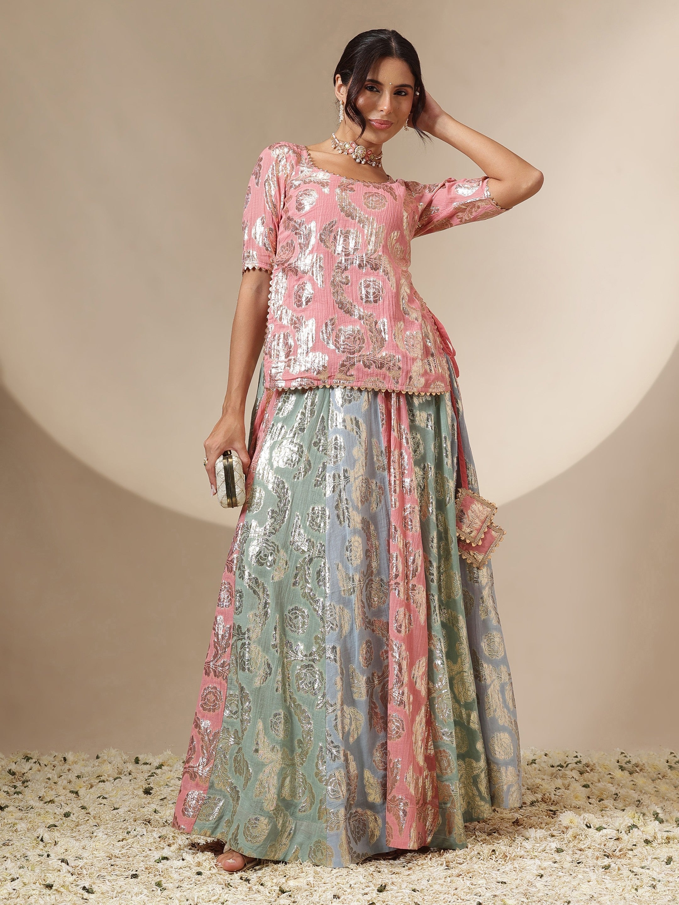 Women Pink Multi Colour Short Sleeves Top With Anarkali Skirt