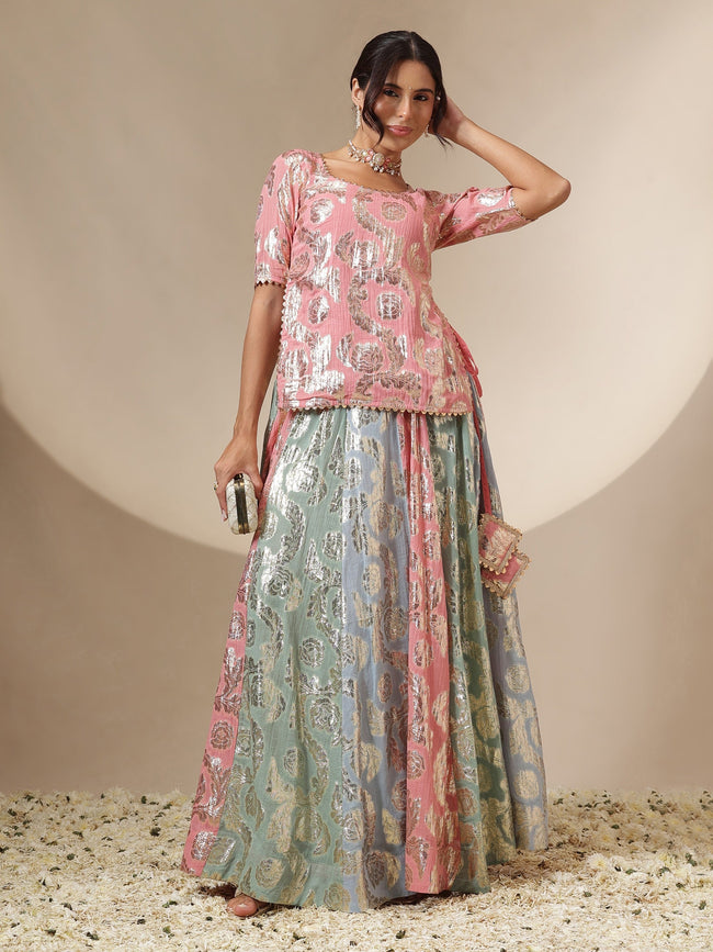 Women Pink Multi Colour Short Sleeves Top With Anarkali Skirt