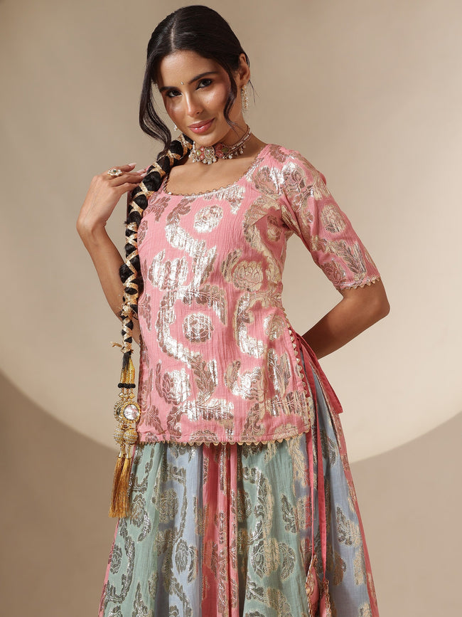 Women Pink Multi Colour Short Sleeves Top With Anarkali Skirt