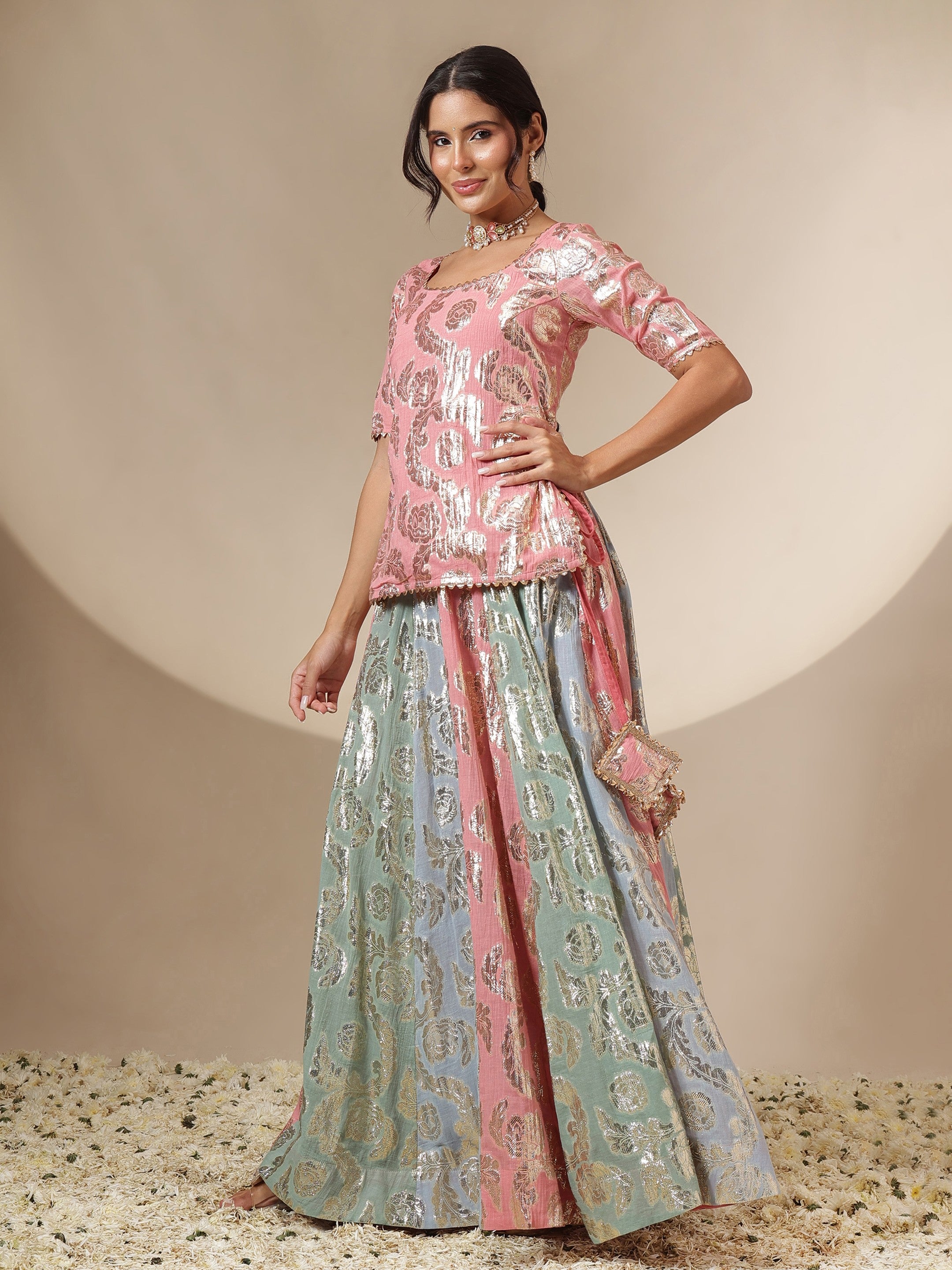 Women Pink Multi Colour Short Sleeves Top With Anarkali Skirt