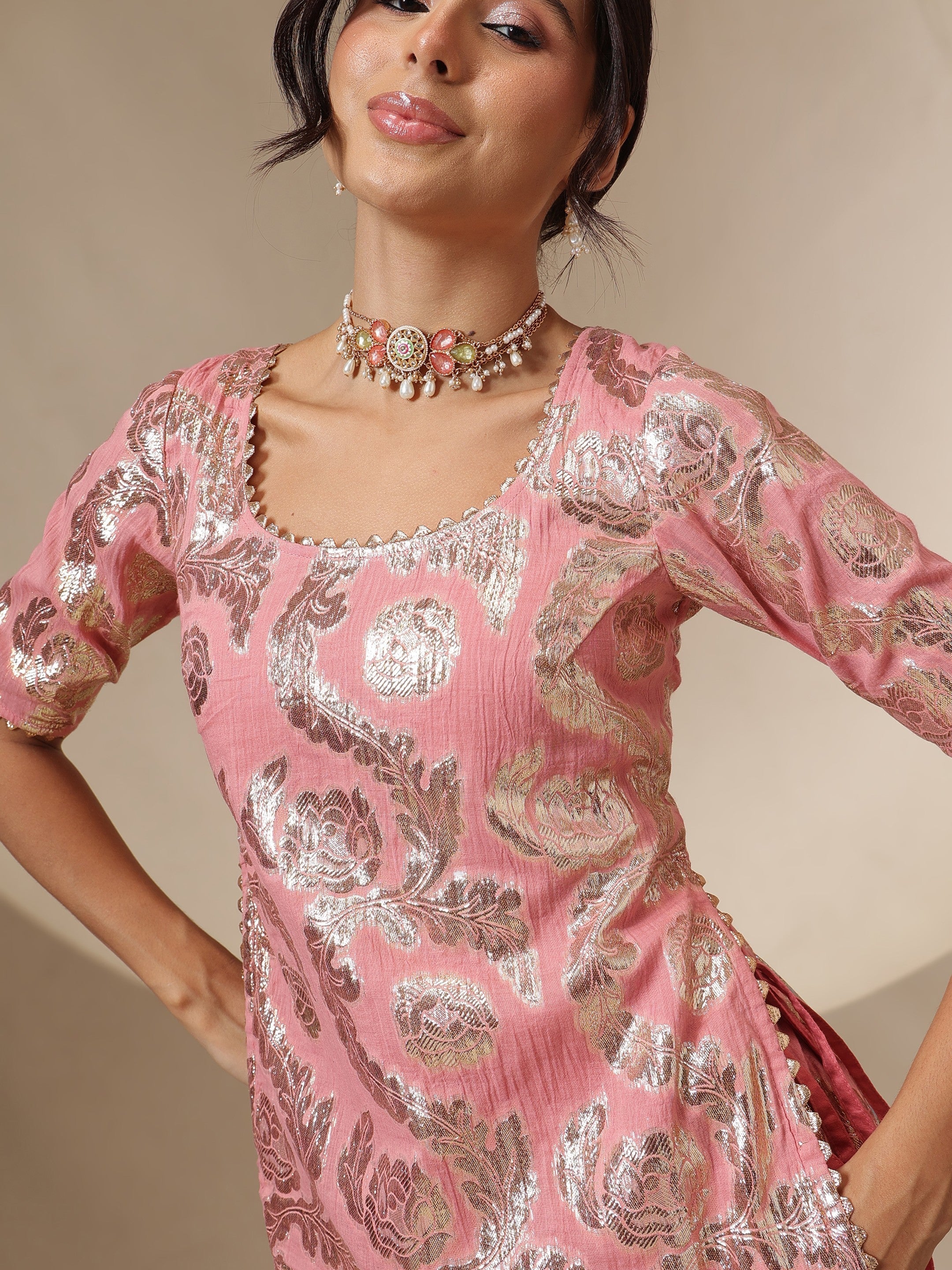 Women Pink Multi Colour Short Sleeves Top With Anarkali Skirt