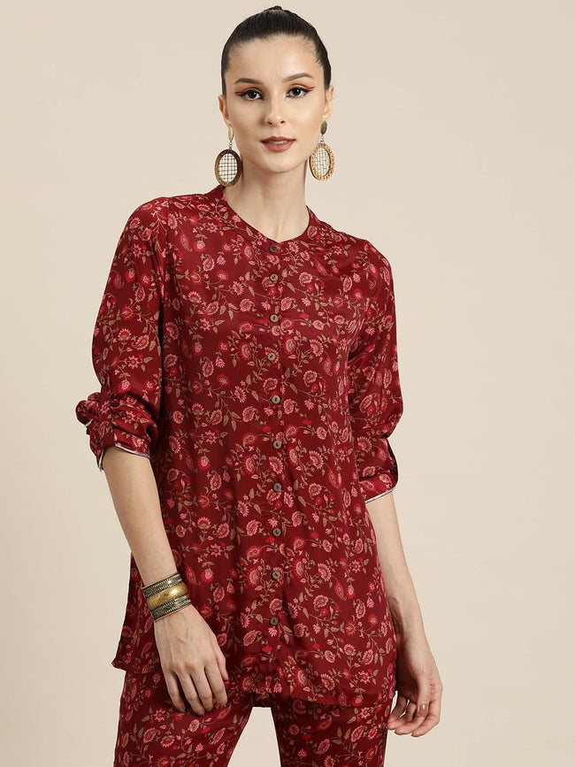 Women Maroon Floral High Low Shirt-Shirts-SASSAFRAS