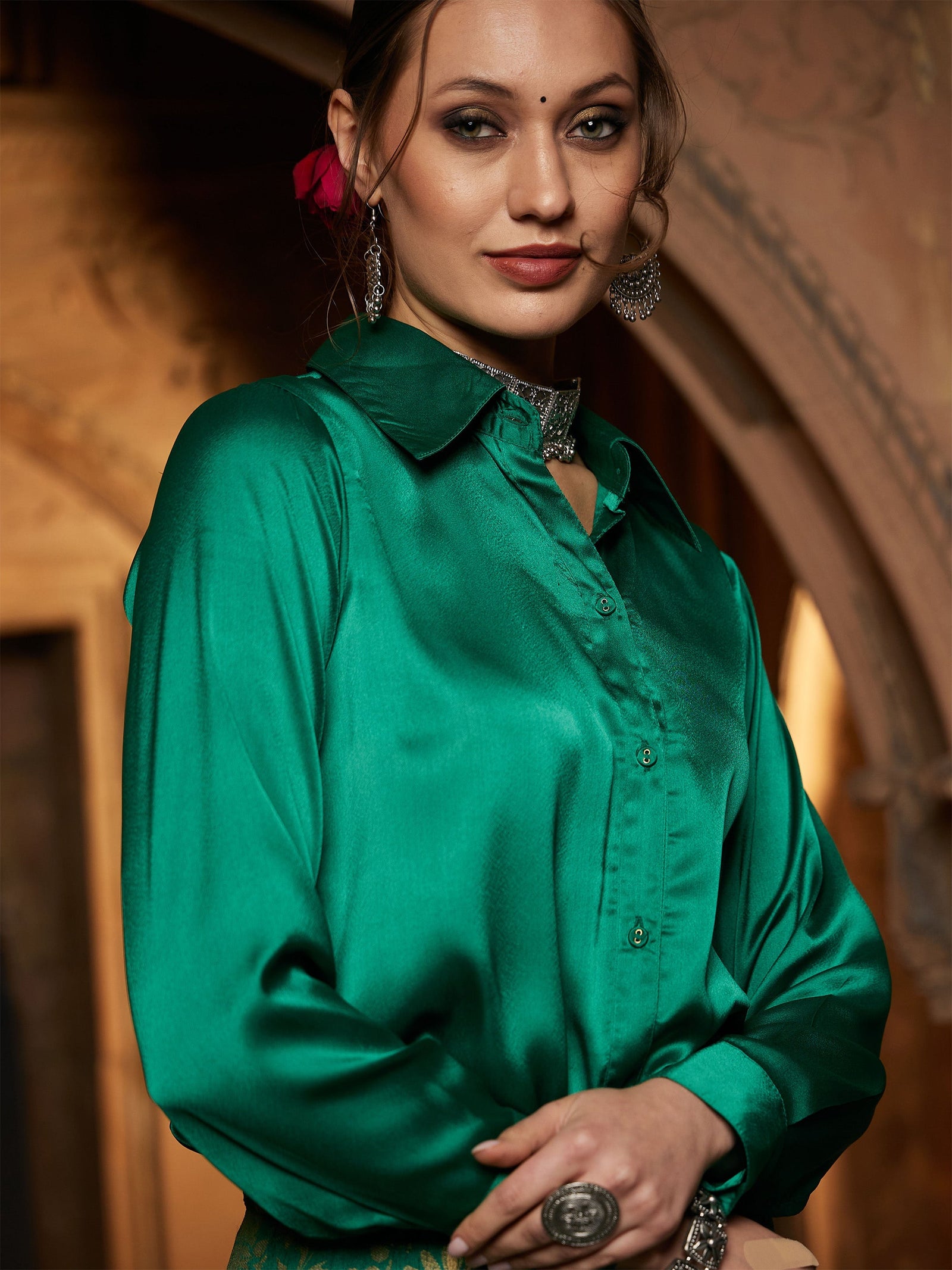 Women Green Satin Regular Shirt