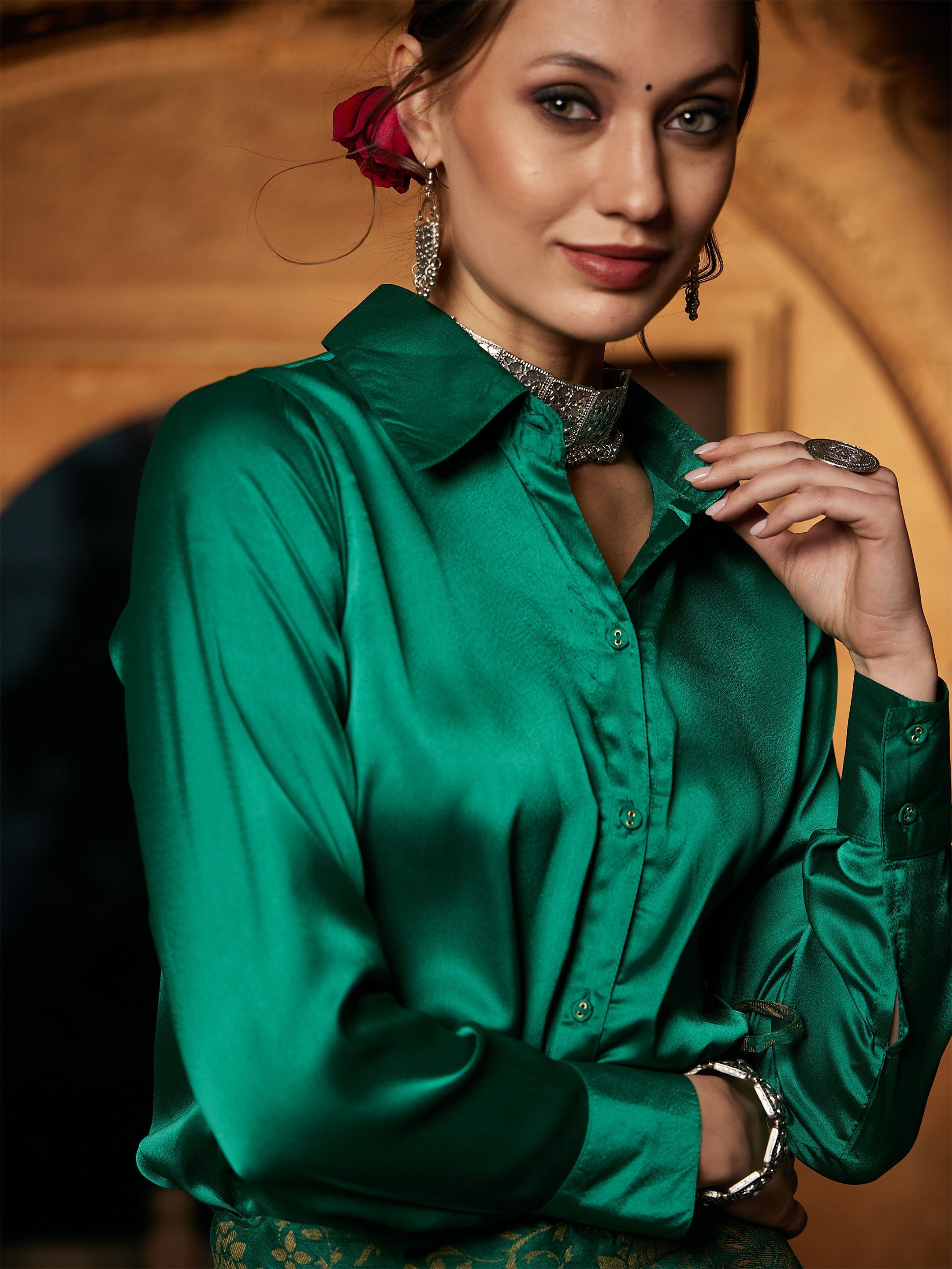 Women Green Satin Regular Shirt