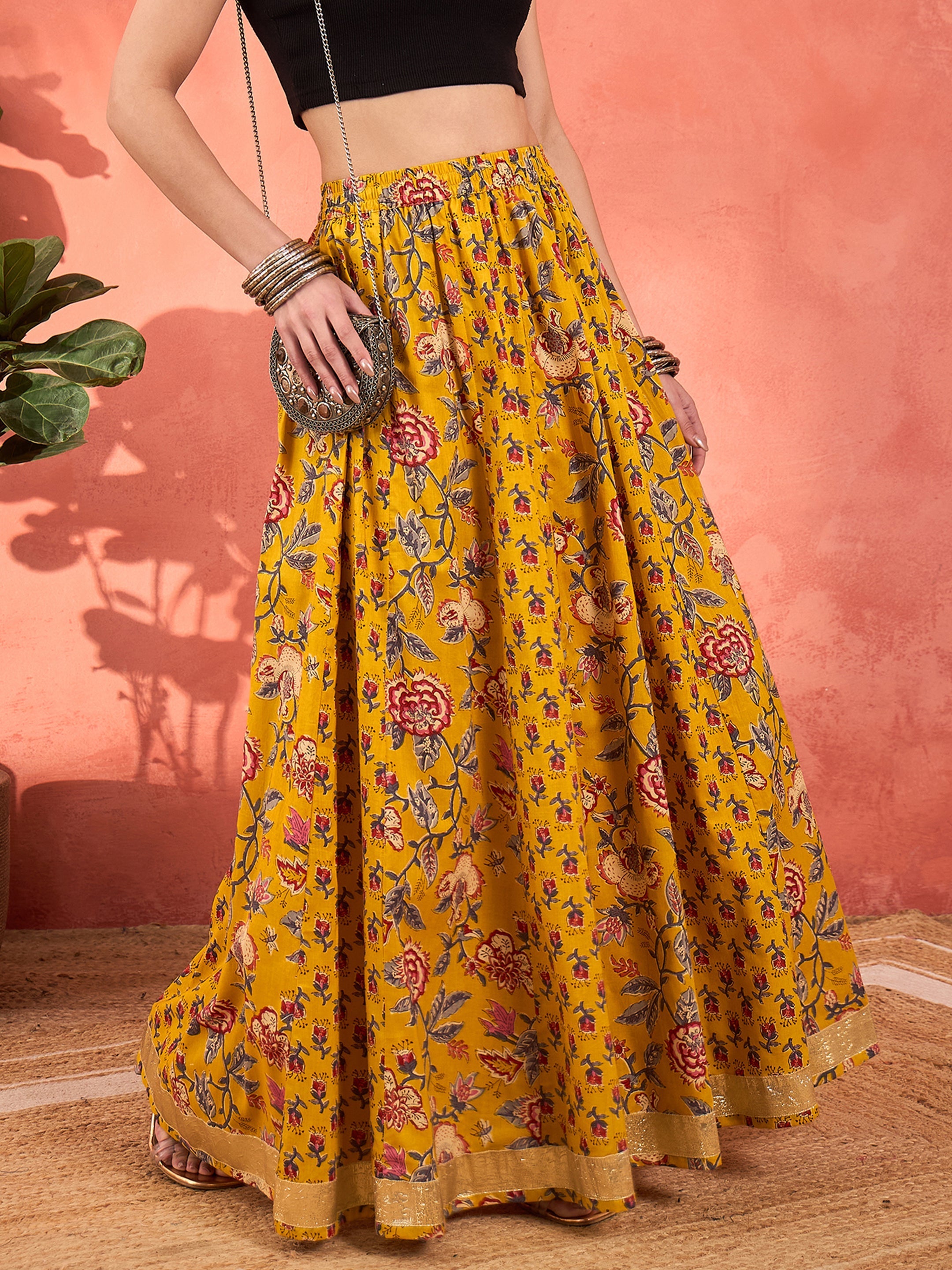 Women Yellow Floral Elasticated Anarkali Skirt
