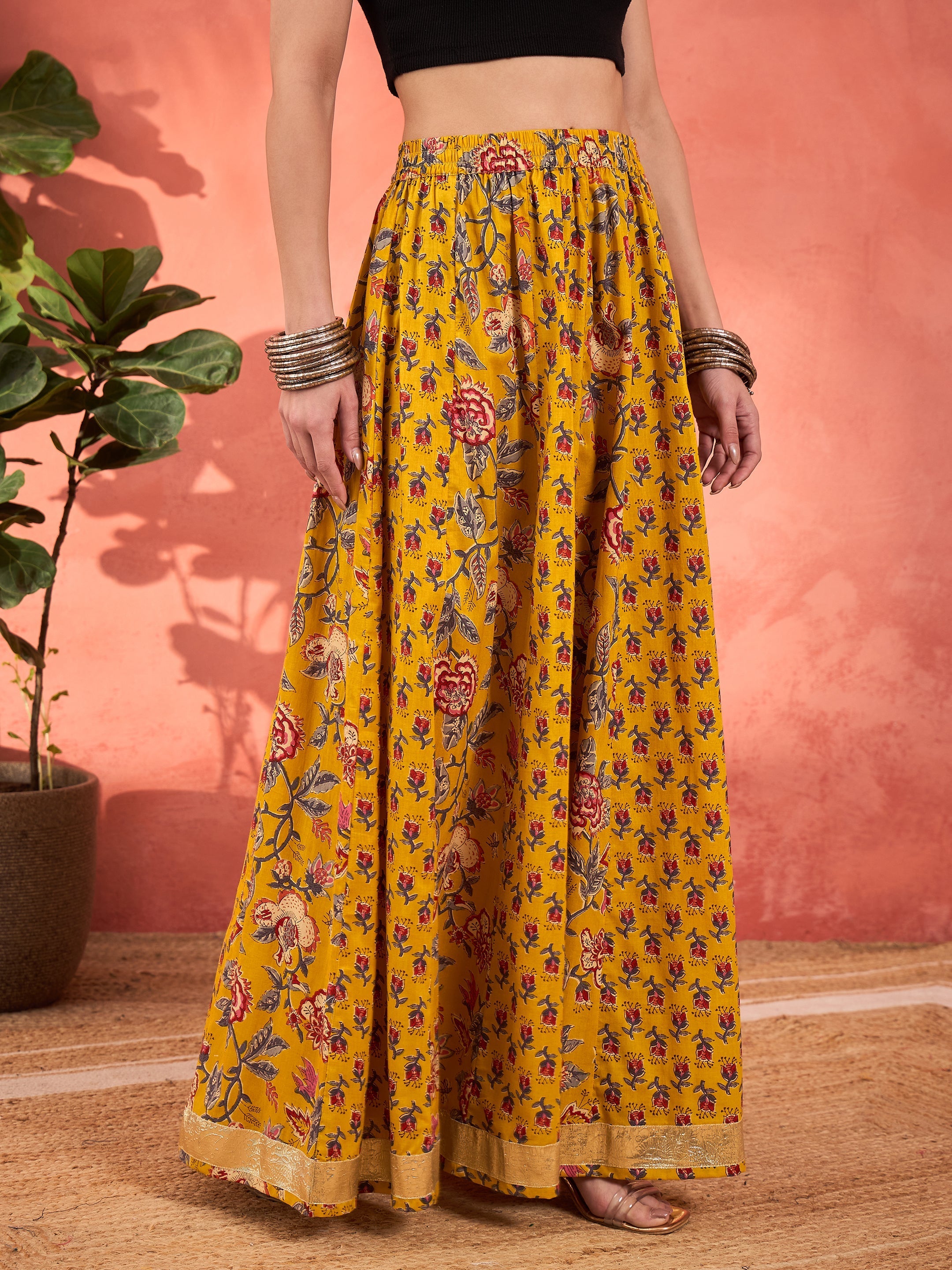 Women Yellow Floral Elasticated Anarkali Skirt