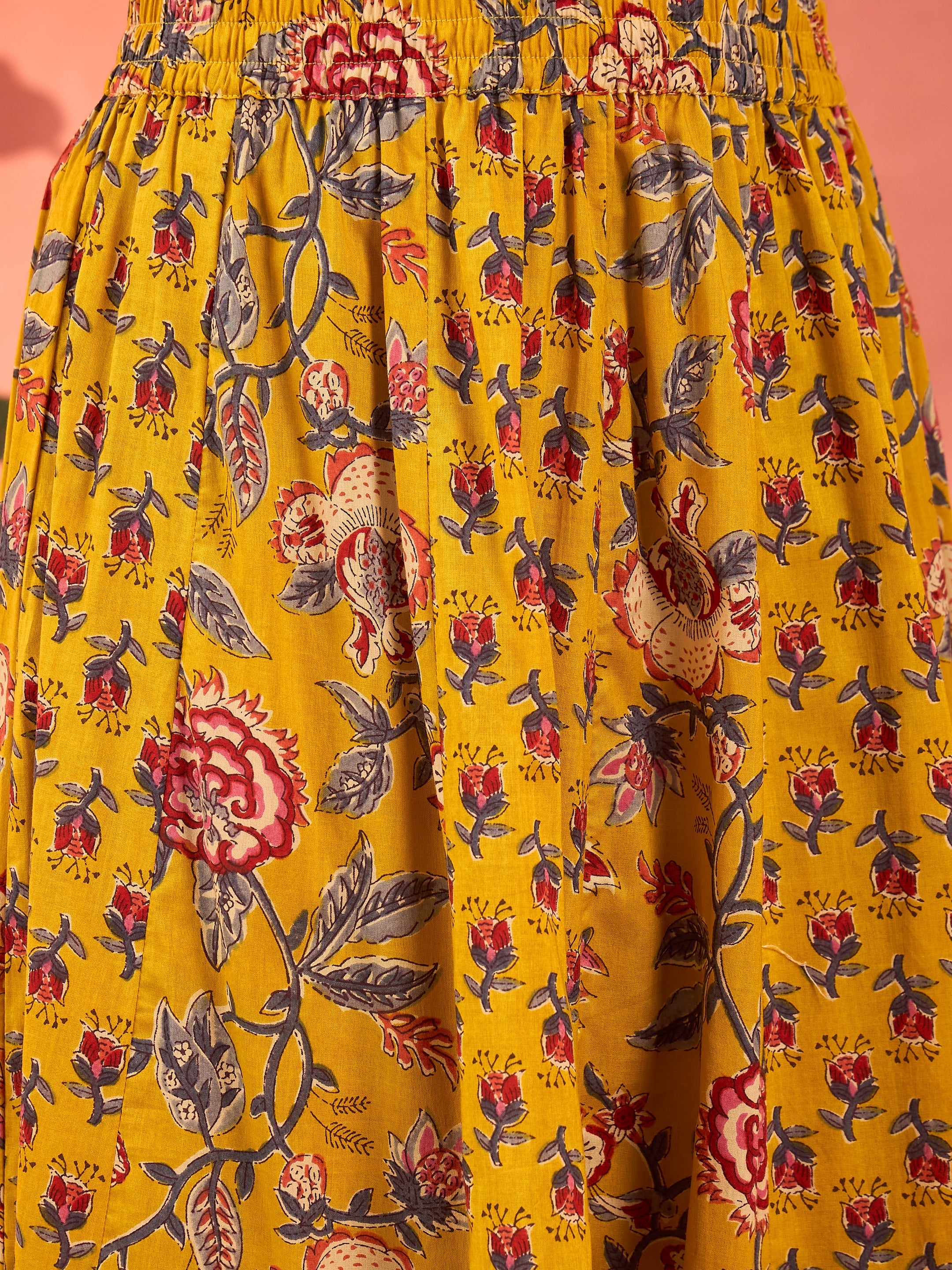 Women Yellow Floral Elasticated Anarkali Skirt