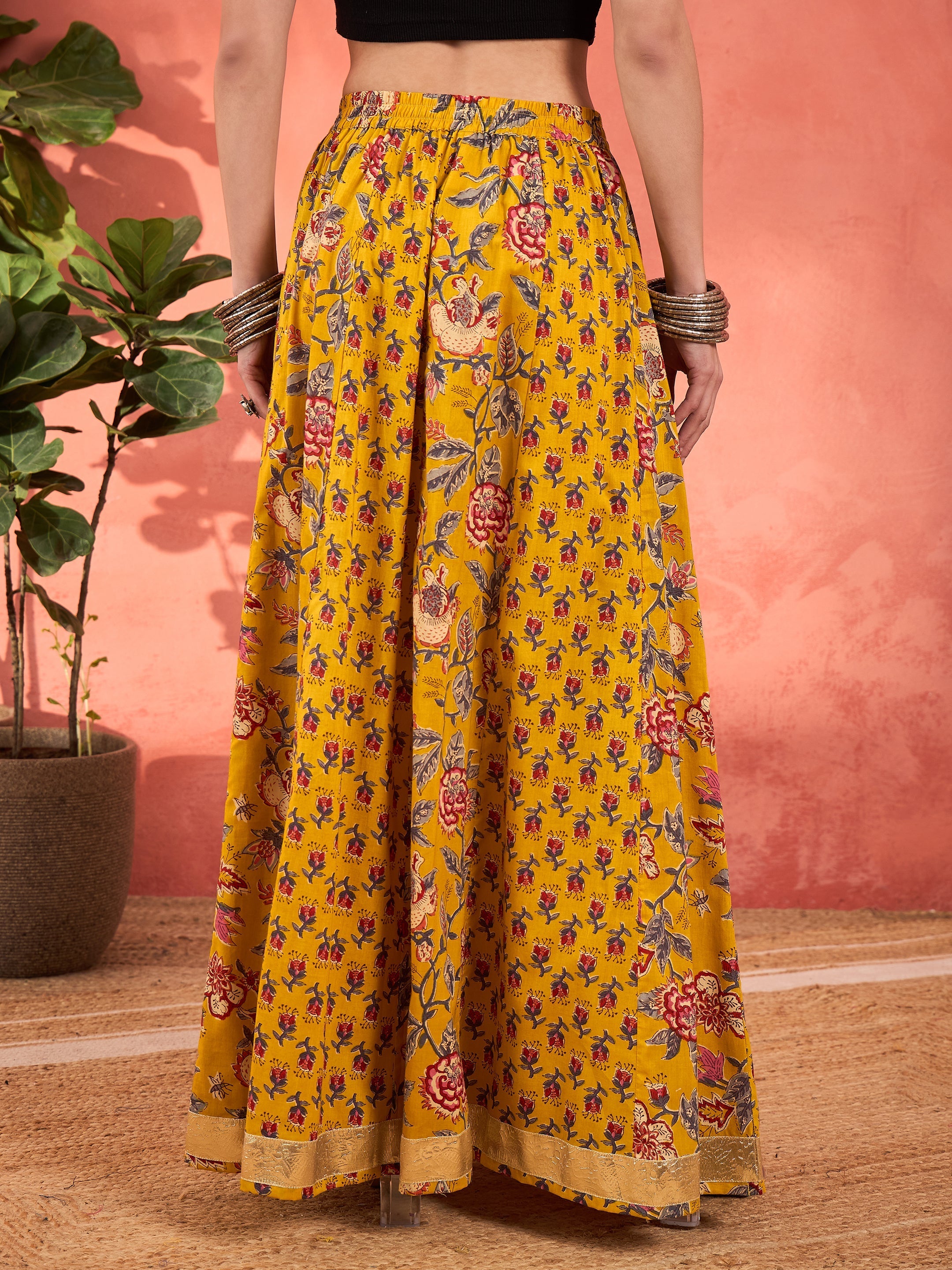 Women Yellow Floral Elasticated Anarkali Skirt