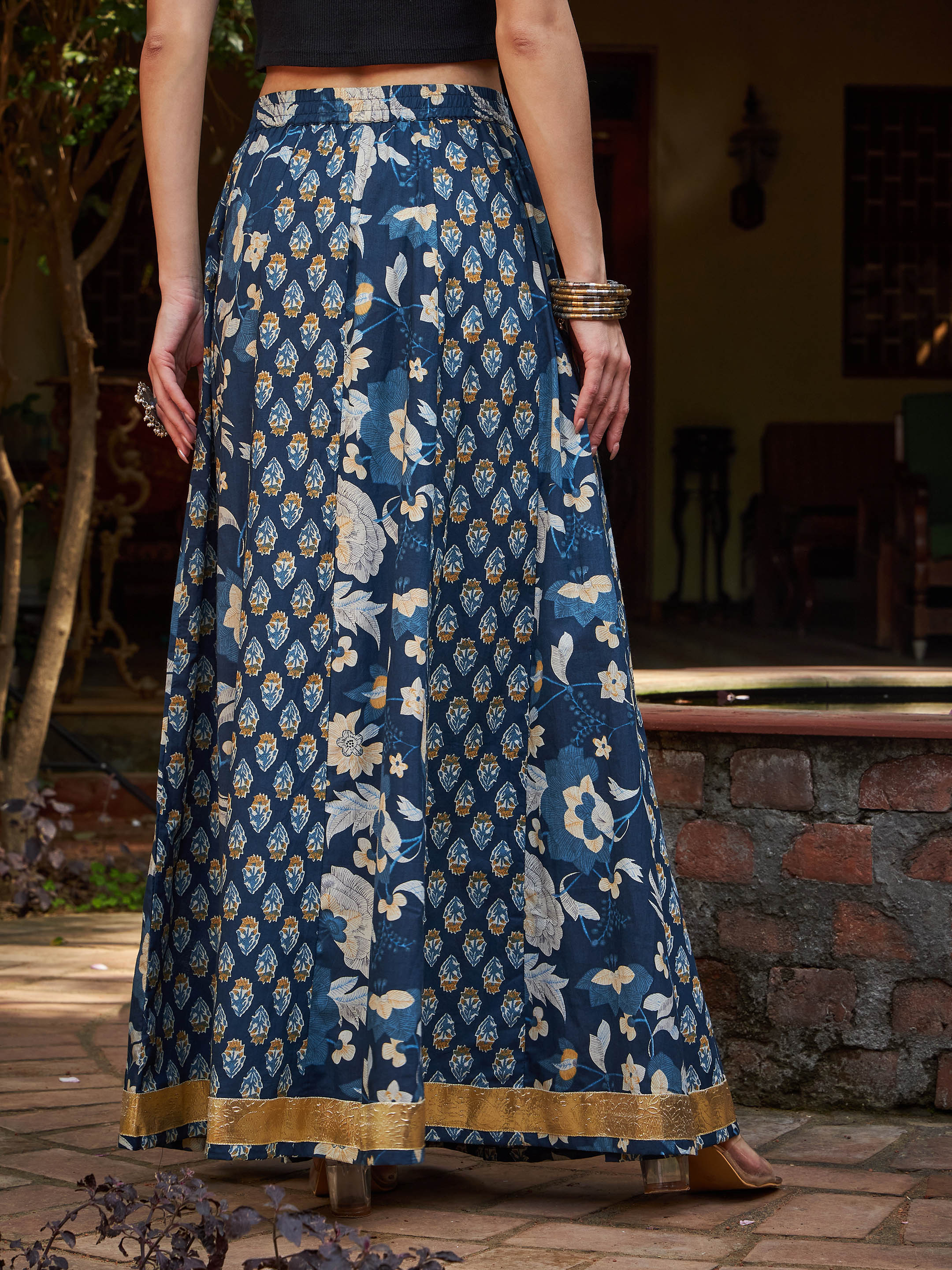 Women Navy Floral Elasticated Anarkali Skirt