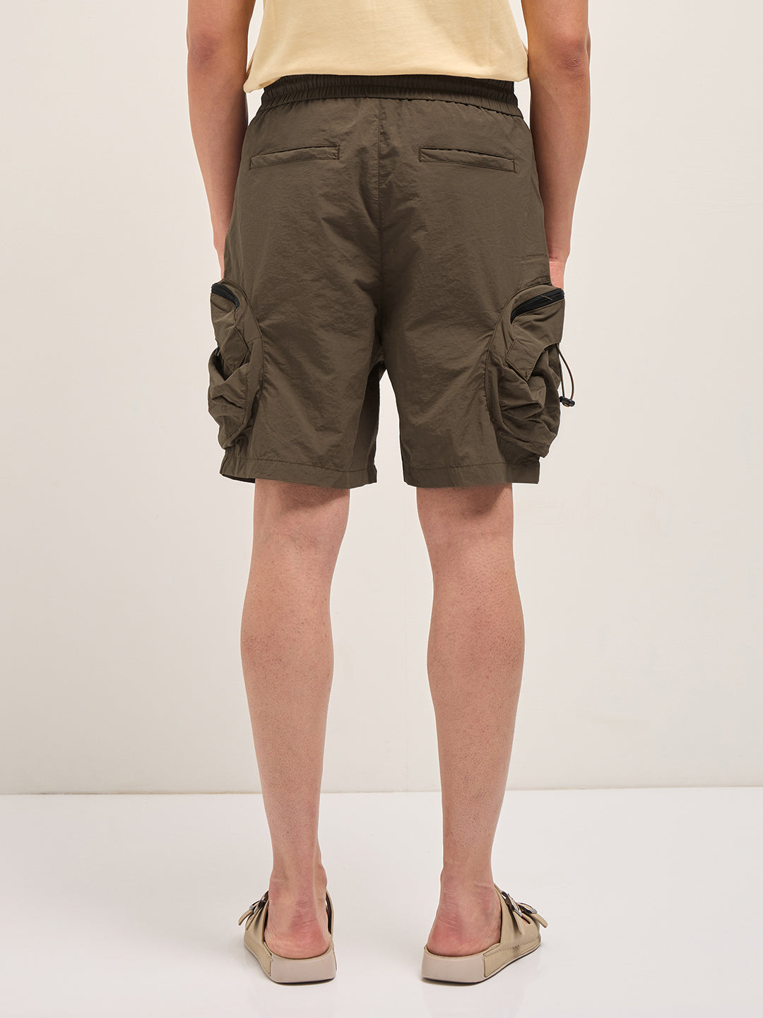 Men Brown Solid Polyester Cargo Shorts