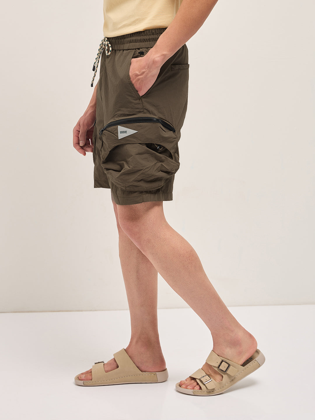 Men Brown Solid Polyester Cargo Shorts