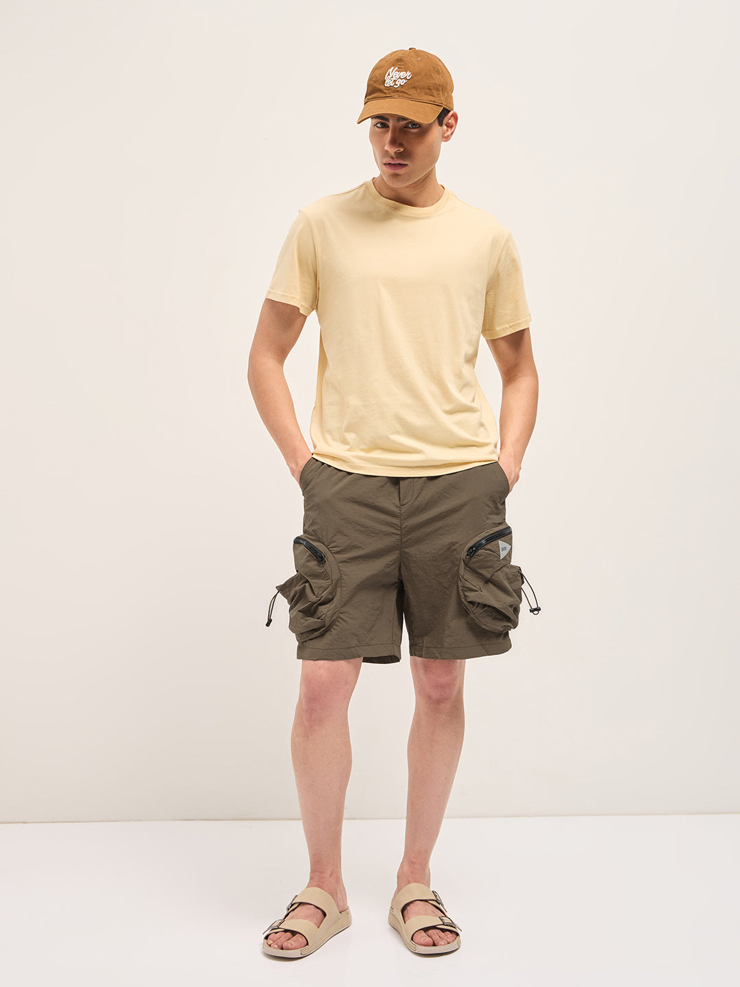 Men Brown Solid Polyester Cargo Shorts