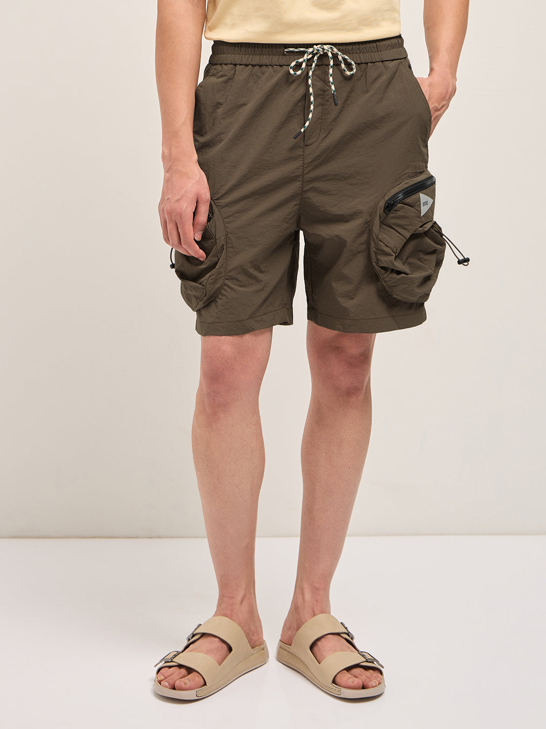 Men Brown Solid Polyester Cargo Shorts