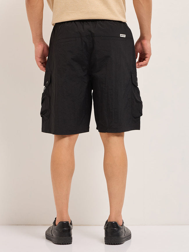 Men Black Solid Polyester Regular Fit Knee-Length Cargo Shorts