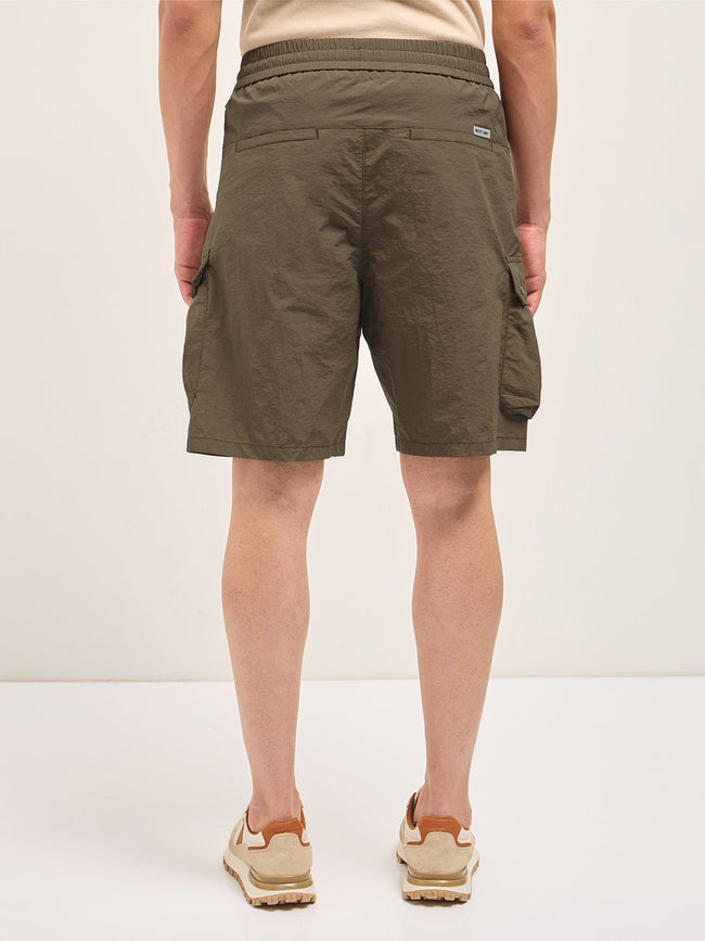 Men Brown Solid Polyester Regular Fit Knee-Length Cargo Shorts