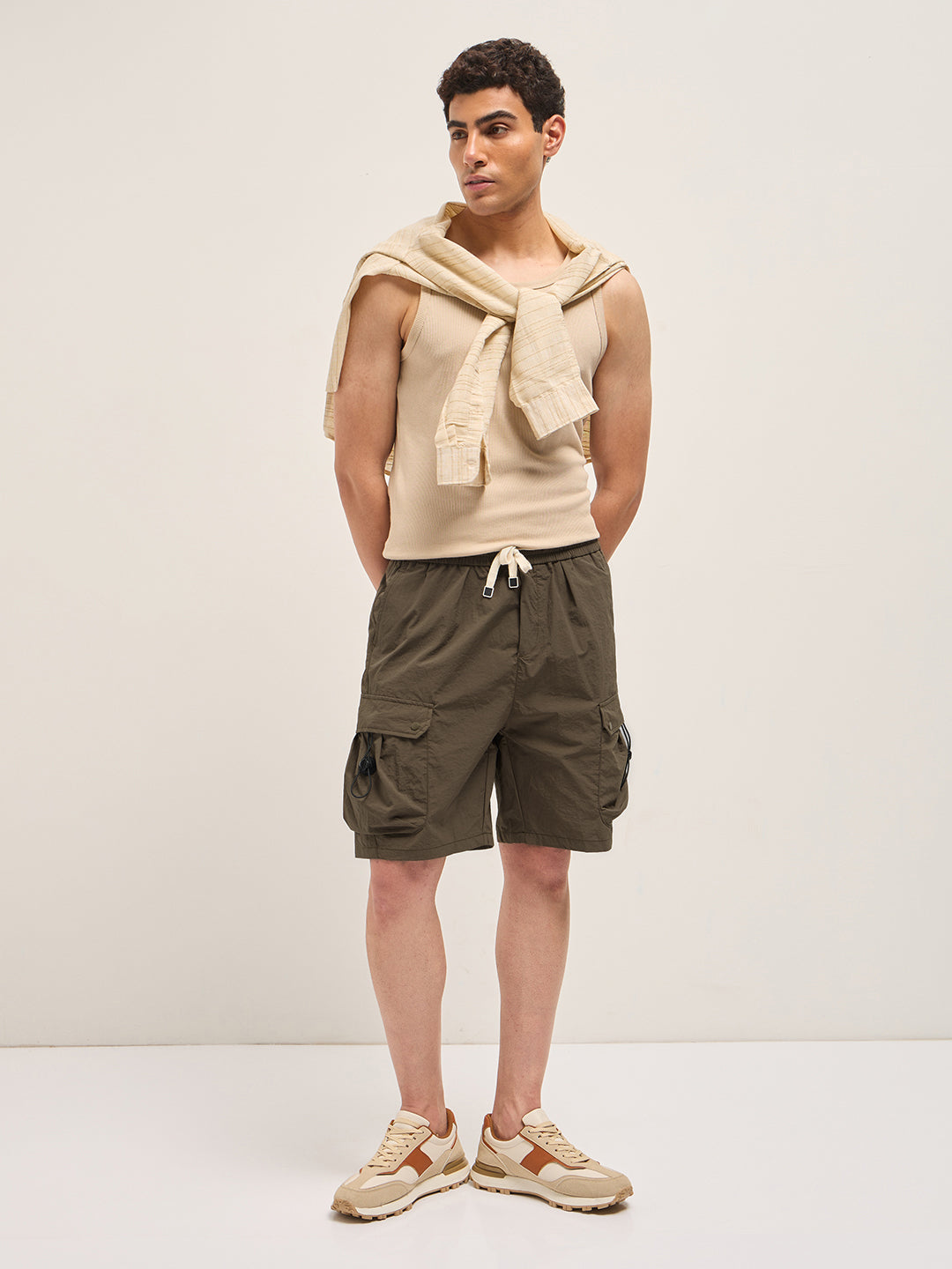 Men Brown Solid Polyester Regular Fit Knee-Length Cargo Shorts