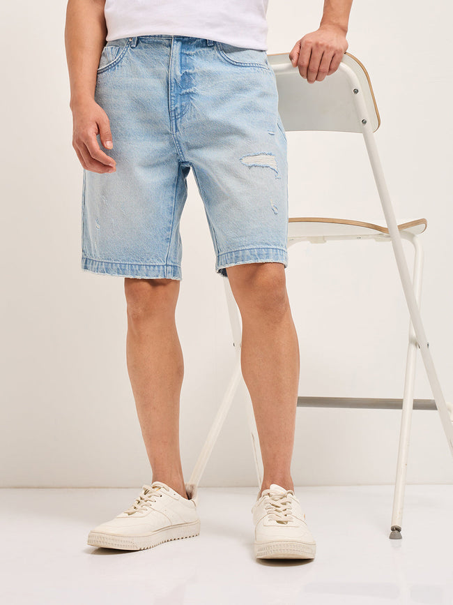 Men Light Blue Relaxed Fit Denim Shorts