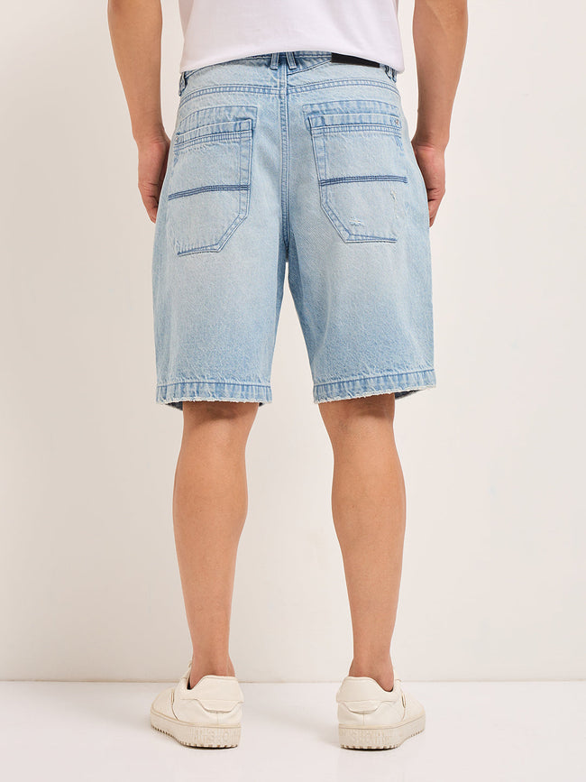 Men Light Blue Relaxed Fit Denim Shorts