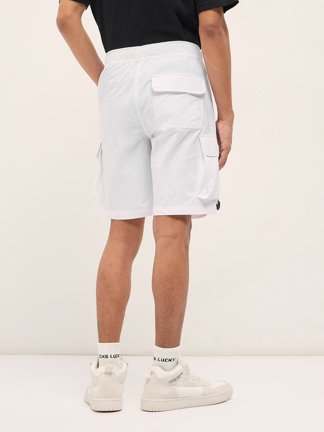 Men White Solid Nylon Cargo Shorts