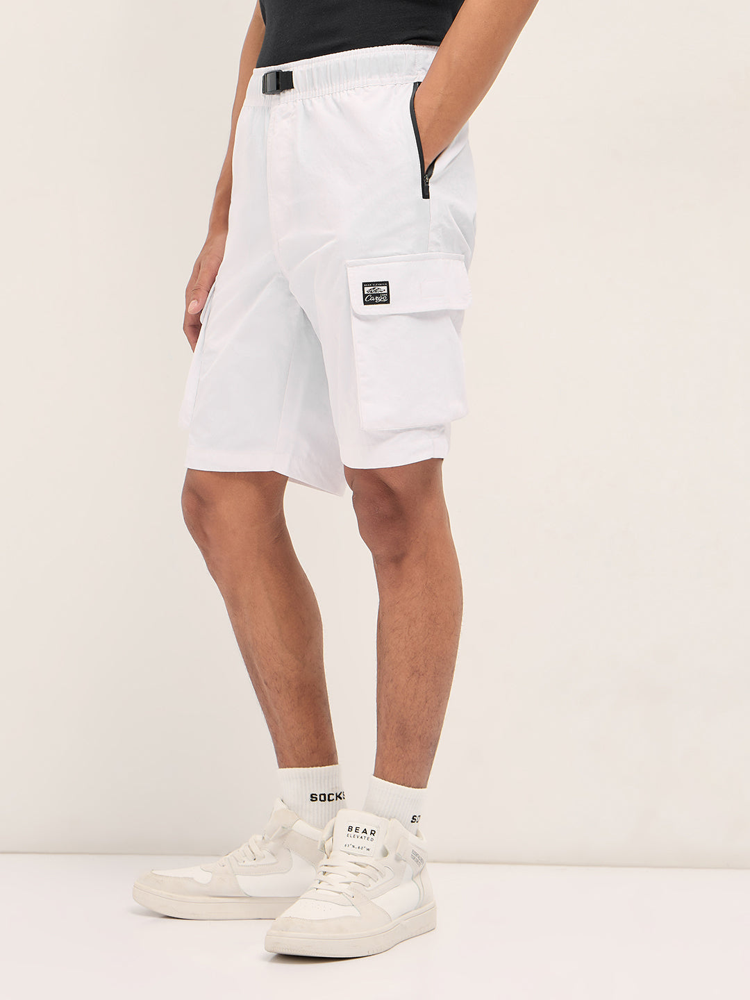 Men White Solid Nylon Cargo Shorts